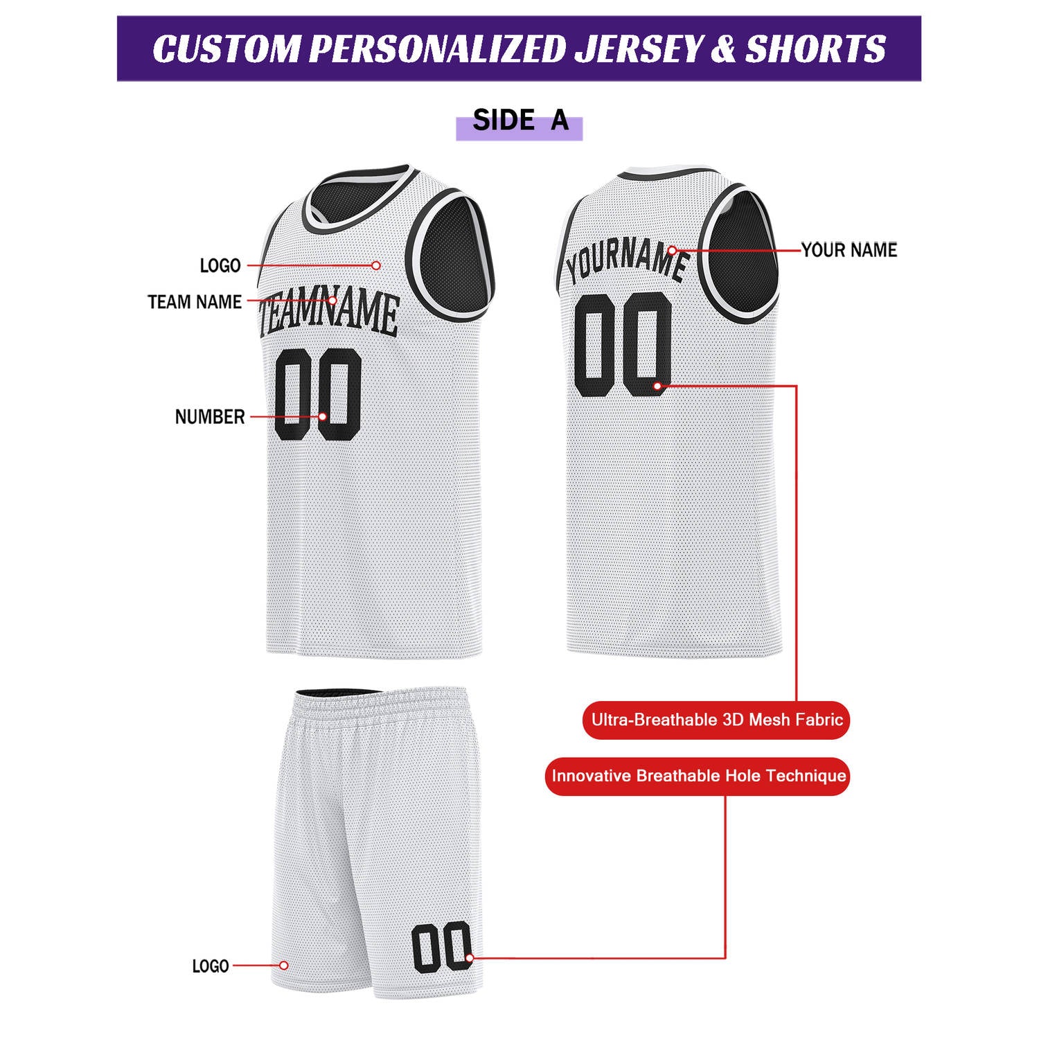 Custom Reversible White & Black Basketball Uniform Set | Personalized for Team Sports Practice - Vosoli