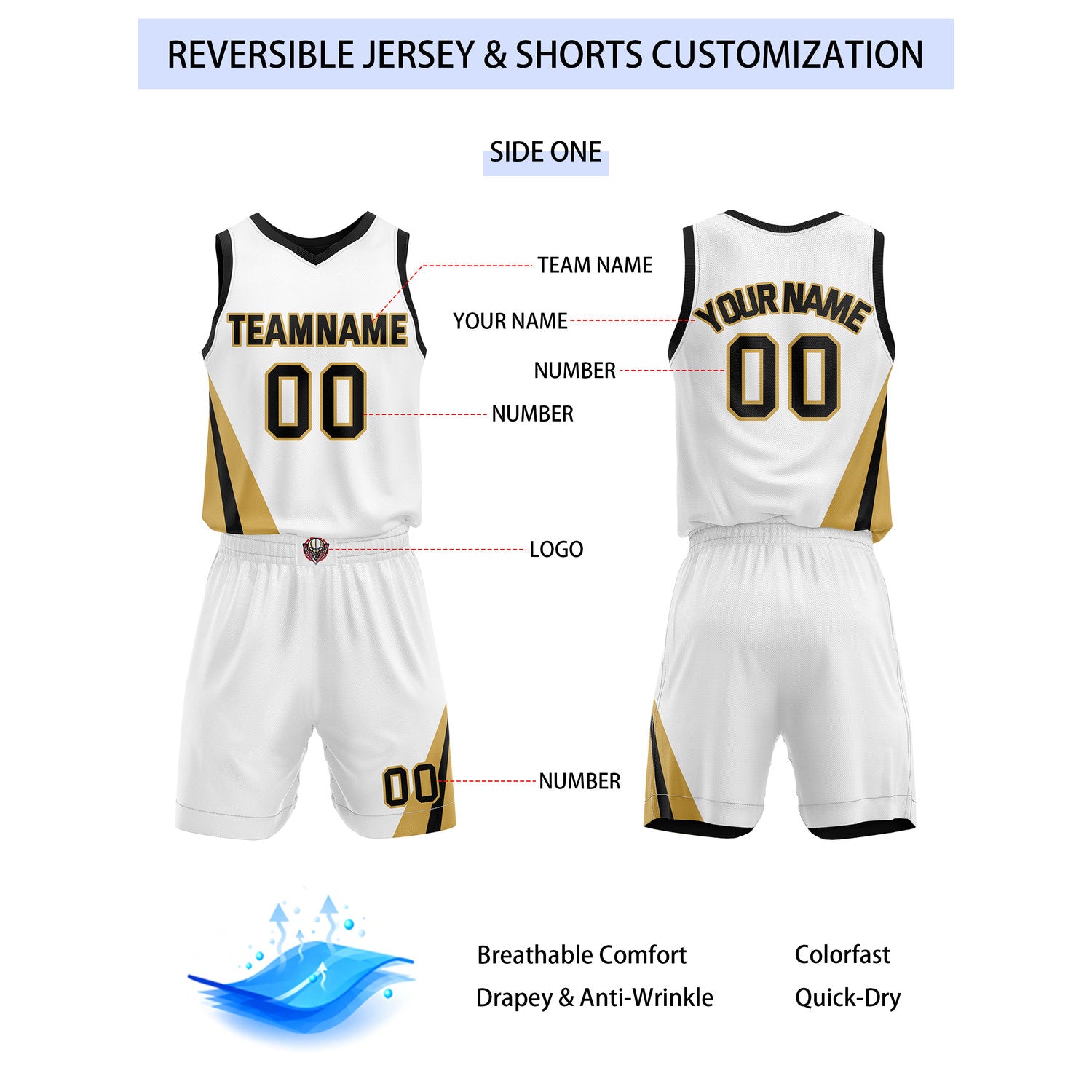 Custom Reversible White Black Gold Basketball Uniform Set | Team & Player Name - Vosoli
