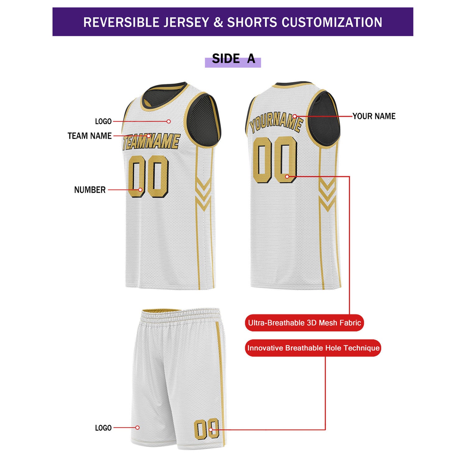 Custom Reversible White Black Gold Basketball Uniform Set | Team Name & Number - Vosoli