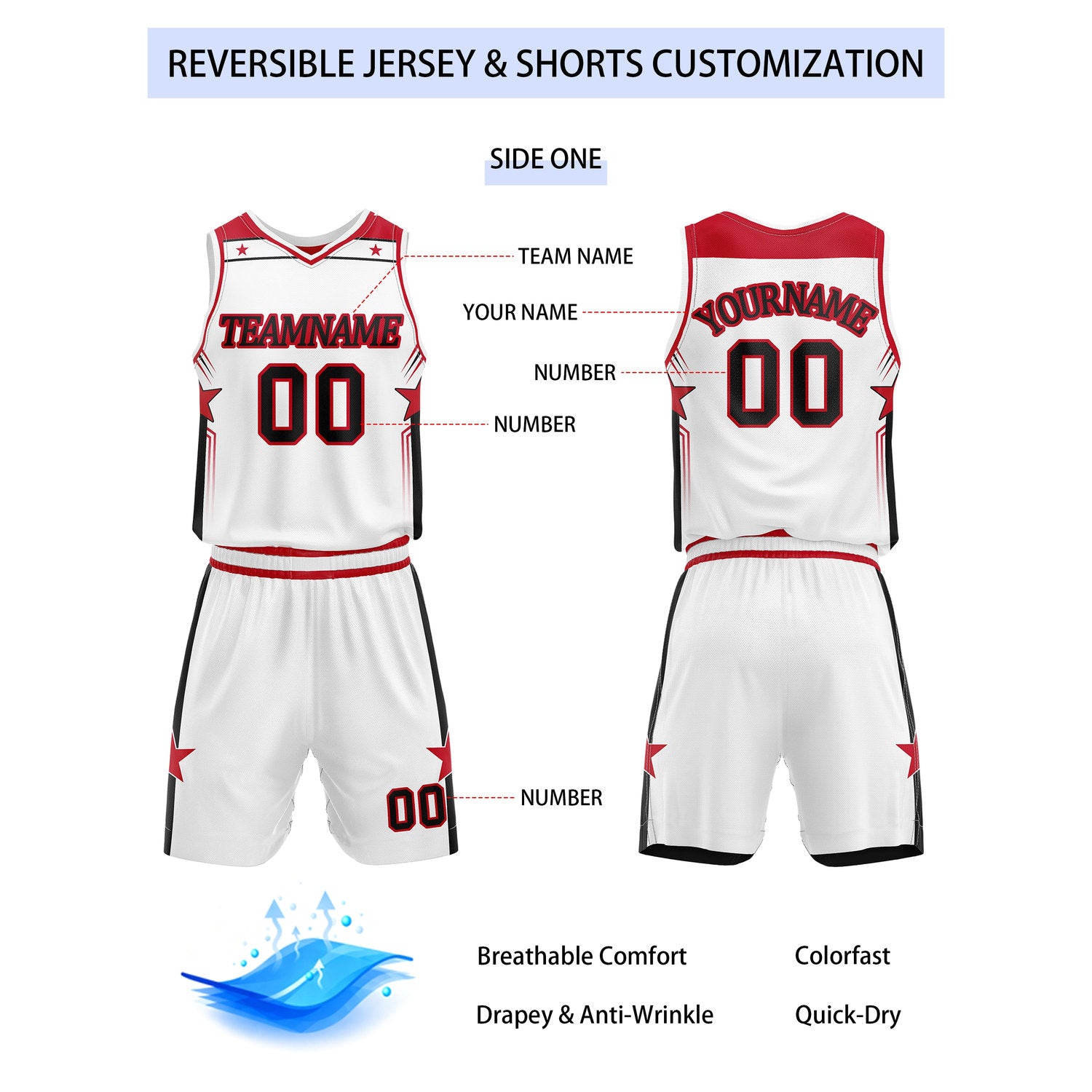 Custom Reversible White Black Red Star Basketball Uniform Set | Team Name & Number - Vosoli
