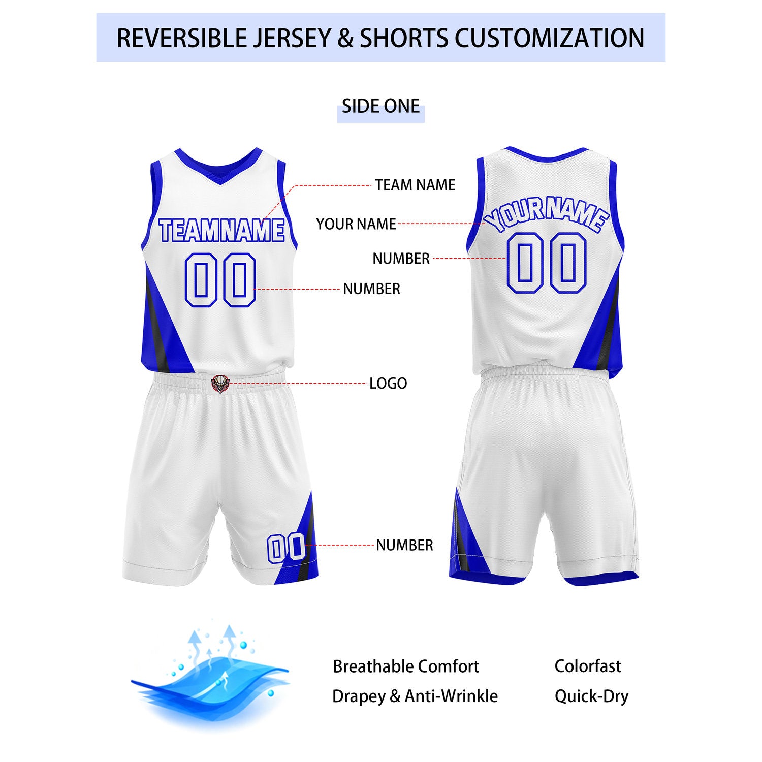 Custom Reversible White Blue Black Basketball Uniform Set | Team & Player Name - Vosoli