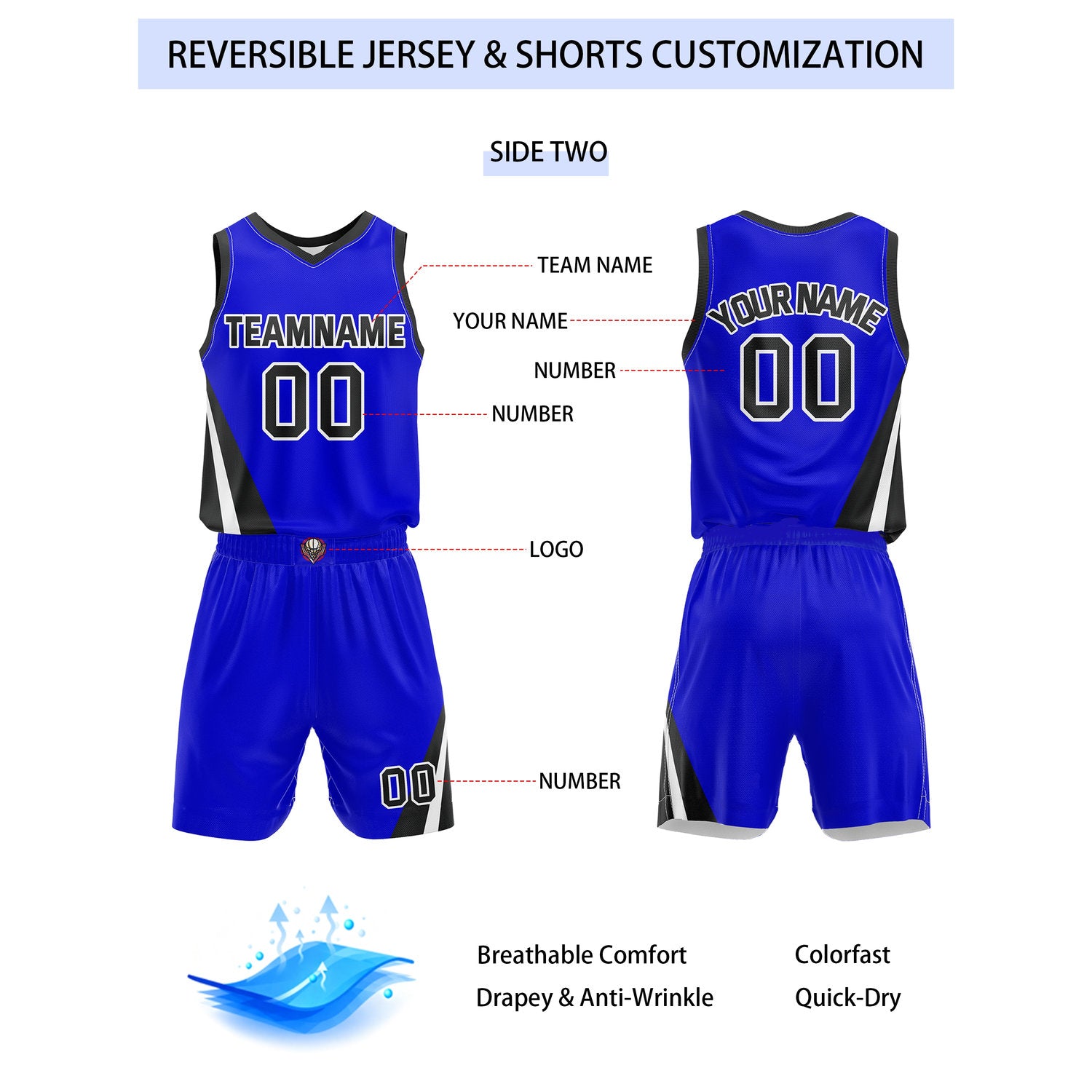 Custom Reversible White Blue Black Basketball Uniform Set | Team & Player Name - Vosoli