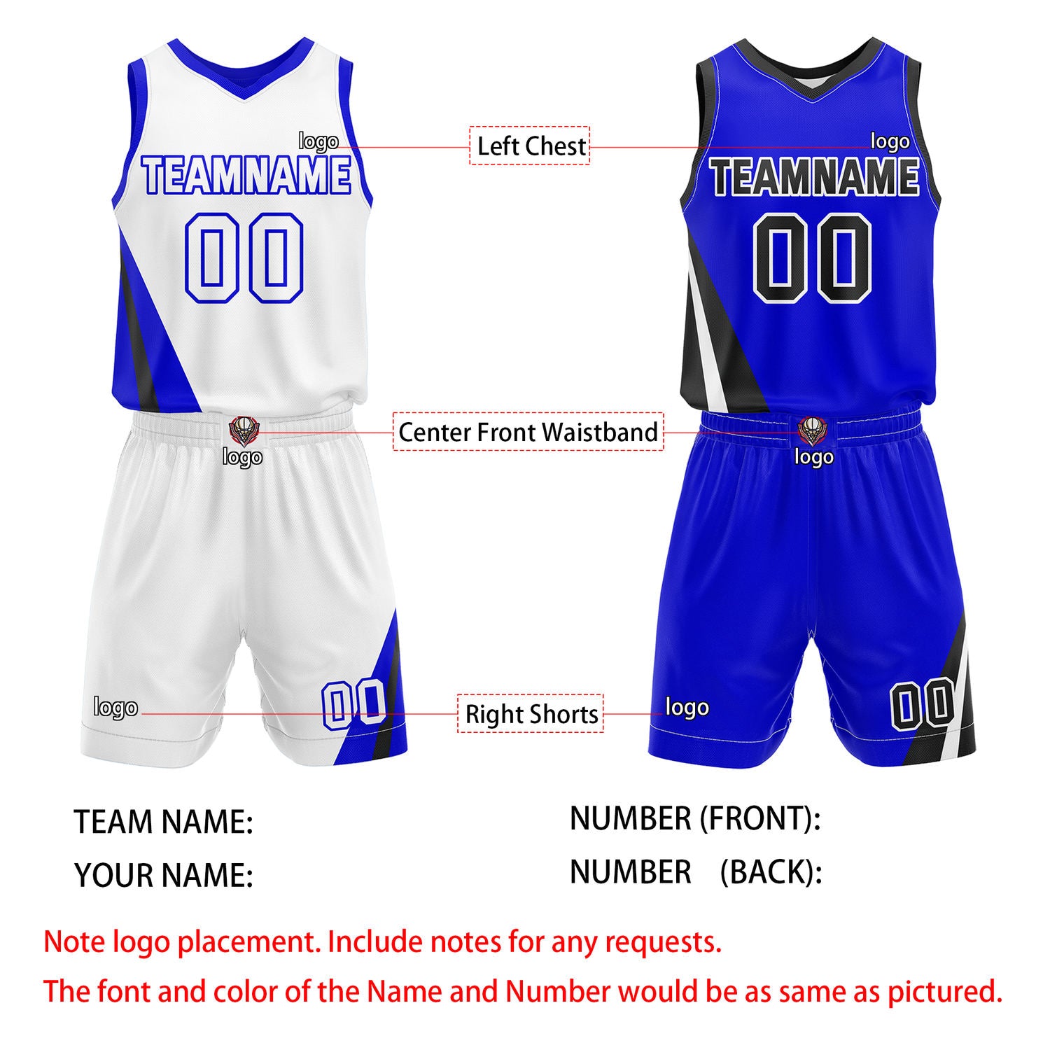 Custom Reversible White Blue Black Basketball Uniform Set | Team & Player Name - Vosoli