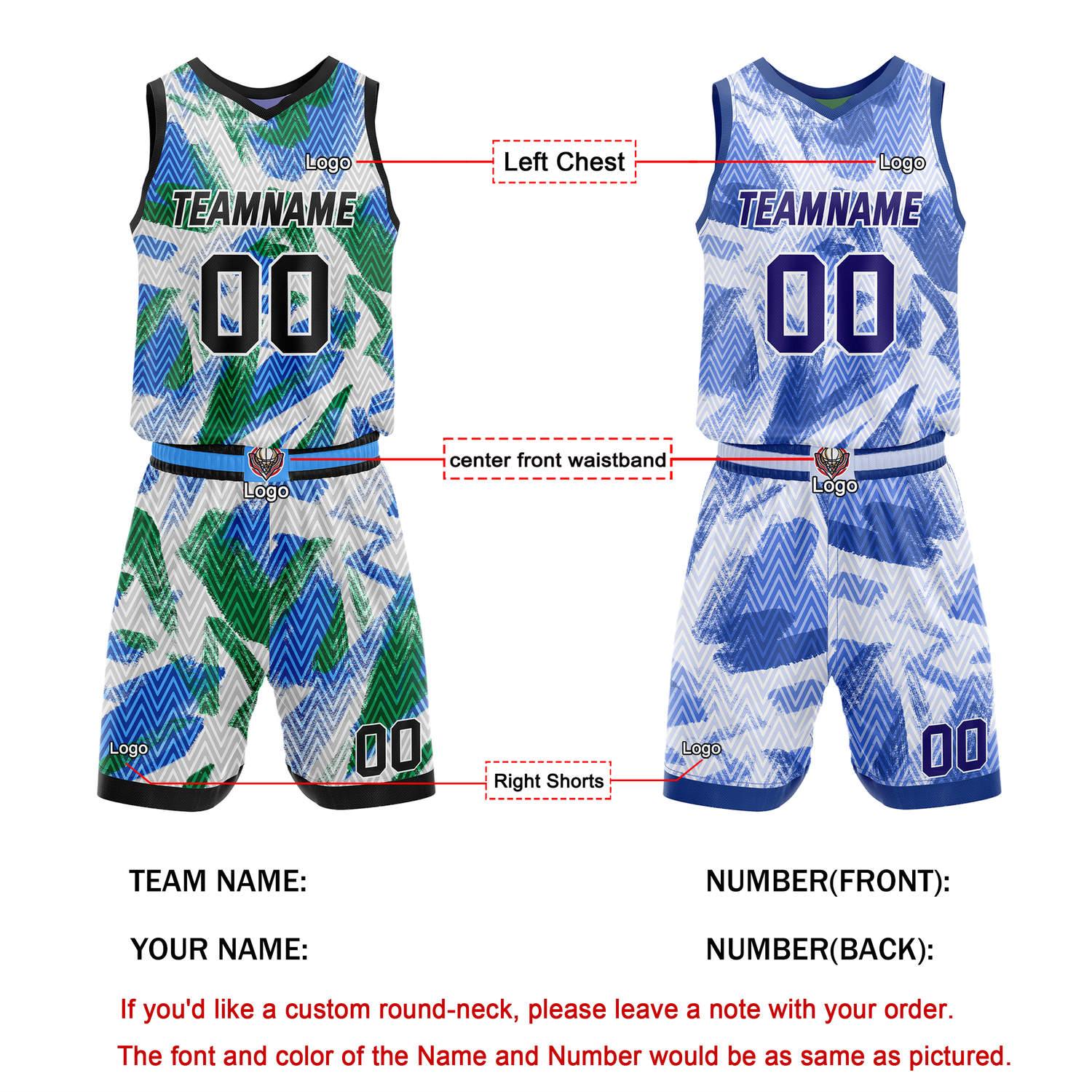 Custom Reversible Basketball Jersey + Shorts Set (White-Blue-Green-Purple Geo Pattern) - Personalized Team Name, Number & LOGO | Vosoli