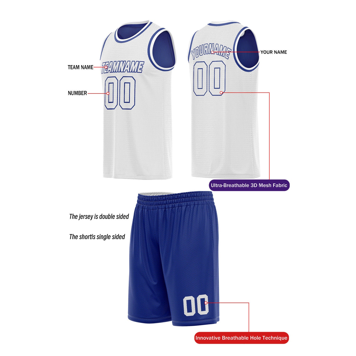 Custom Reversible White & Blue Basketball Uniform (Jersey + Shorts) | Personalized Team Set | Vosoli