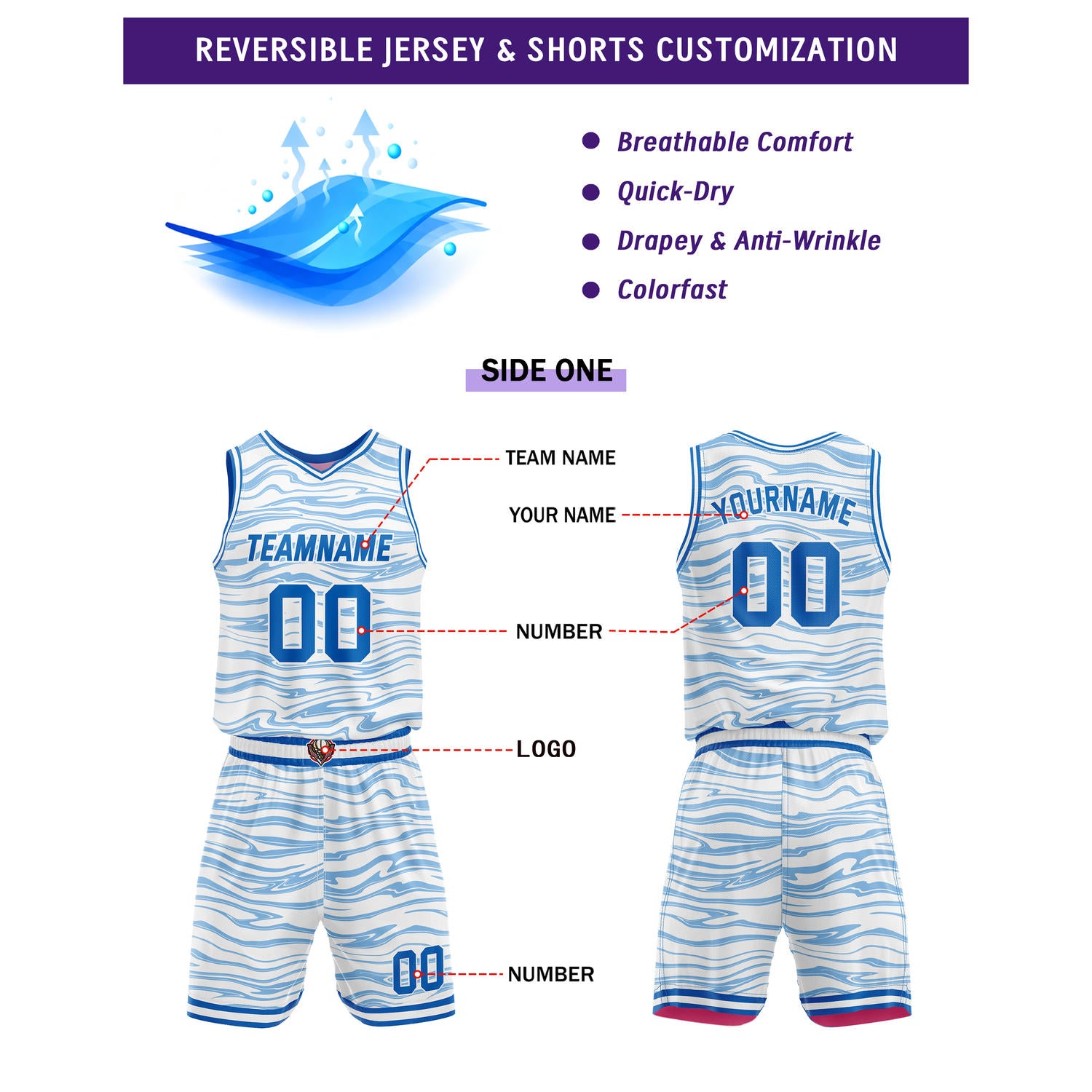 Custom Reversible Basketball Jersey Set - White with Blue & Pink Waves | Personalized Name, Number & LOGO | Vosoli