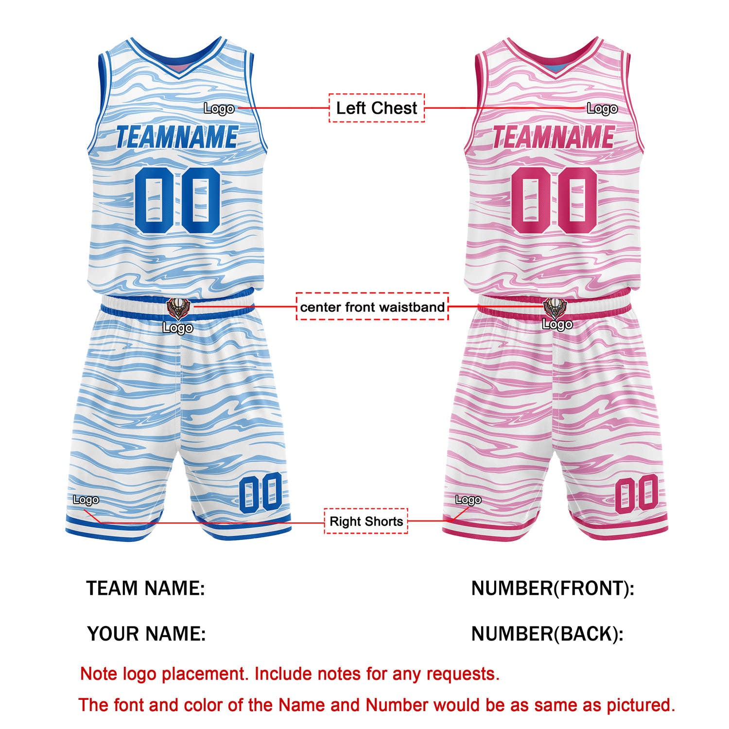 Custom Reversible Basketball Jersey Set - White with Blue & Pink Waves | Personalized Name, Number & LOGO | Vosoli