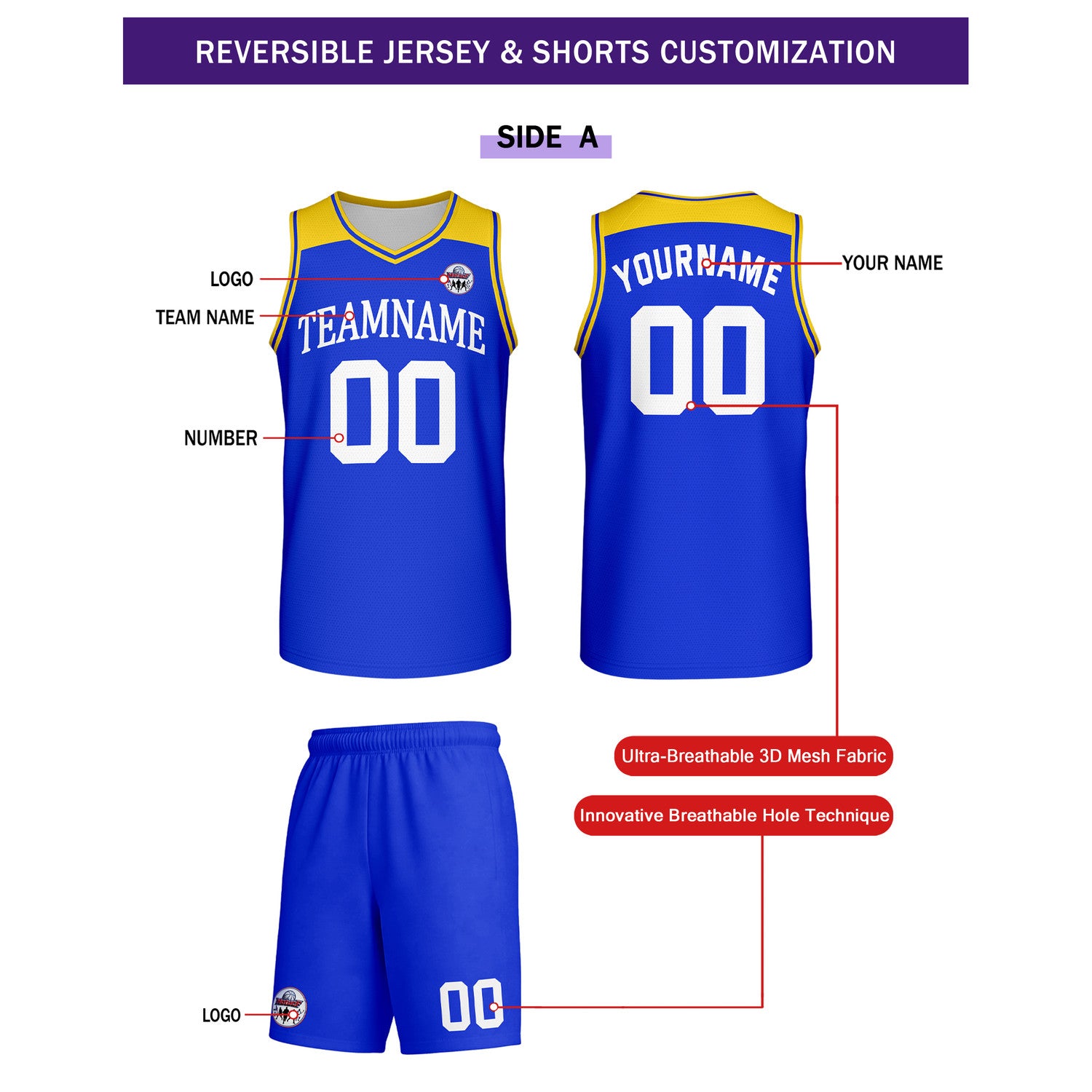 Custom Reversible White Blue Yellow Basketball Uniform Set | Team Name & Number - Vosoli