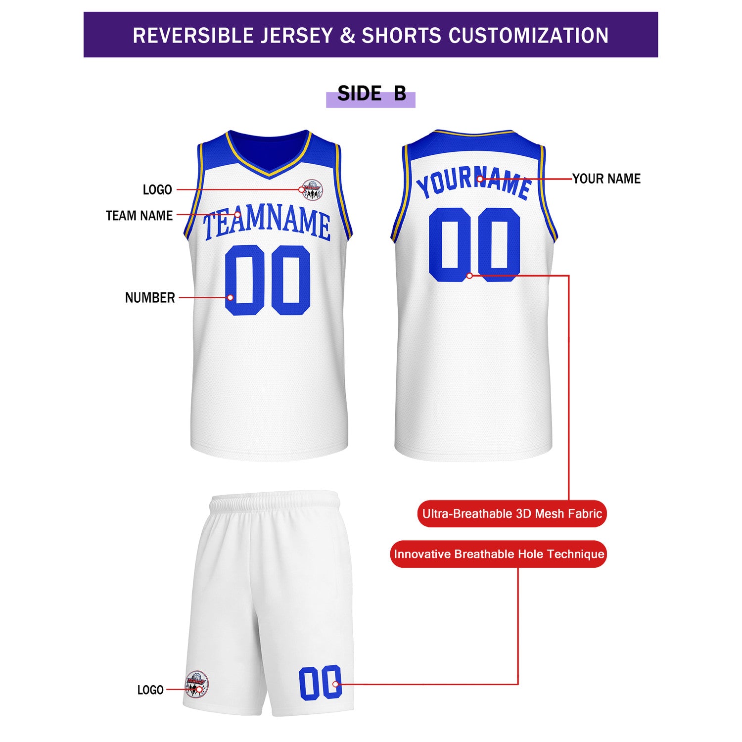 Custom Reversible White Blue Yellow Basketball Uniform Set | Team Name & Number - Vosoli