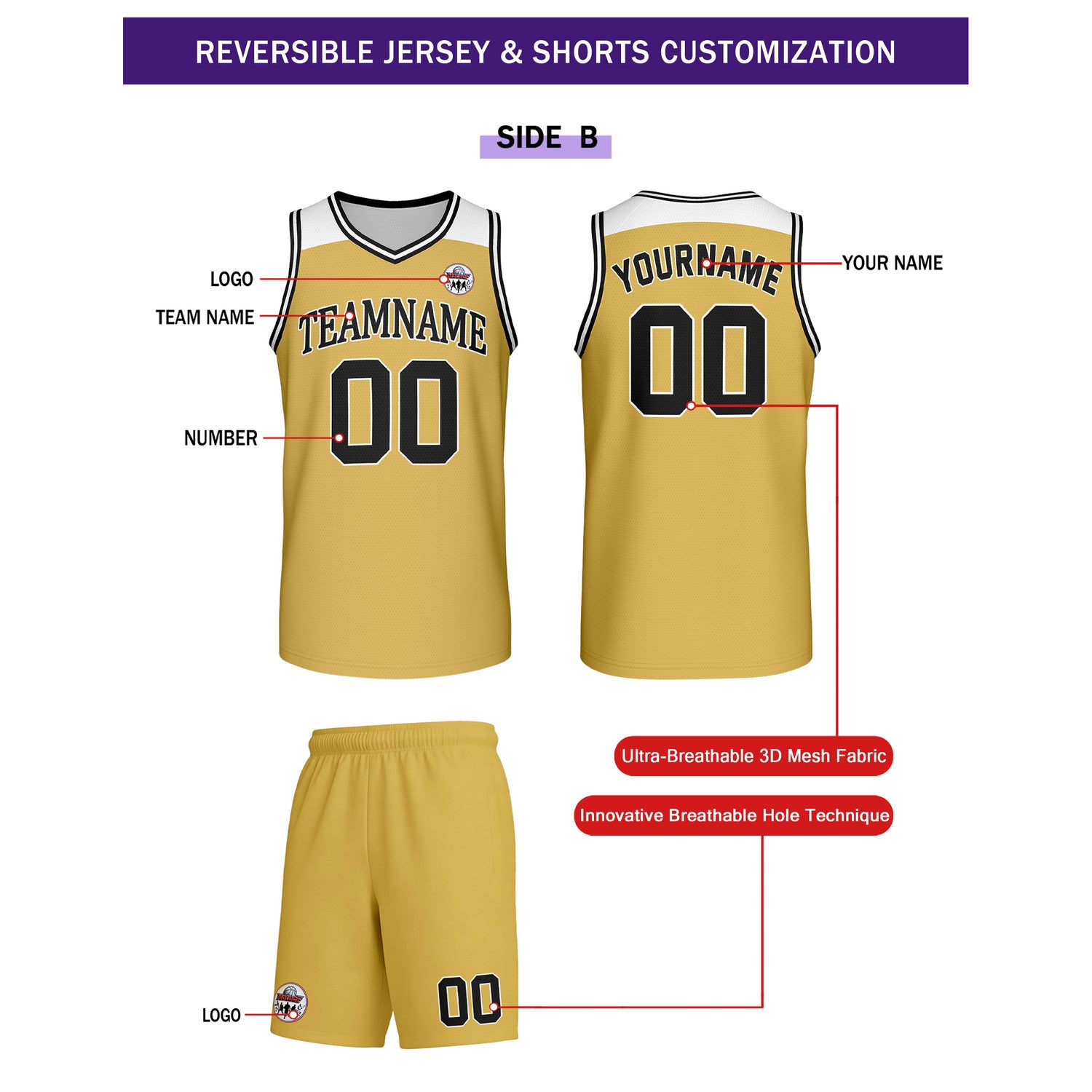 Custom Reversible White Gold Basketball Uniform Set | Team Name & Number - Vosoli