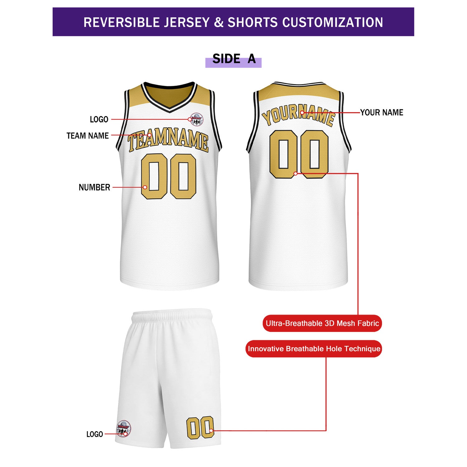 Custom Reversible White Gold Basketball Uniform Set | Team Name & Number - Vosoli