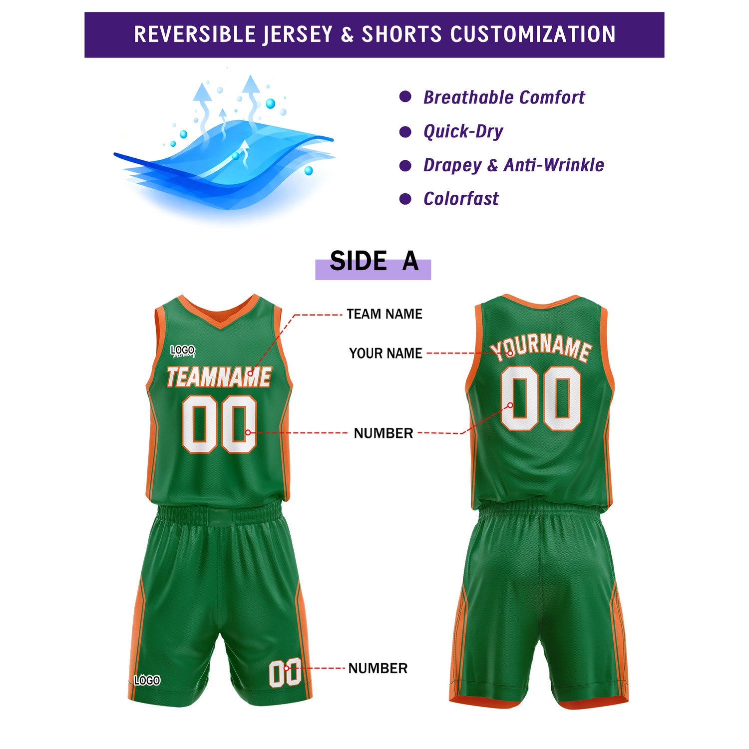 Custom White Green Basketball Uniforms for Youth & Adults - Reversible Jersey Set - Vosoli