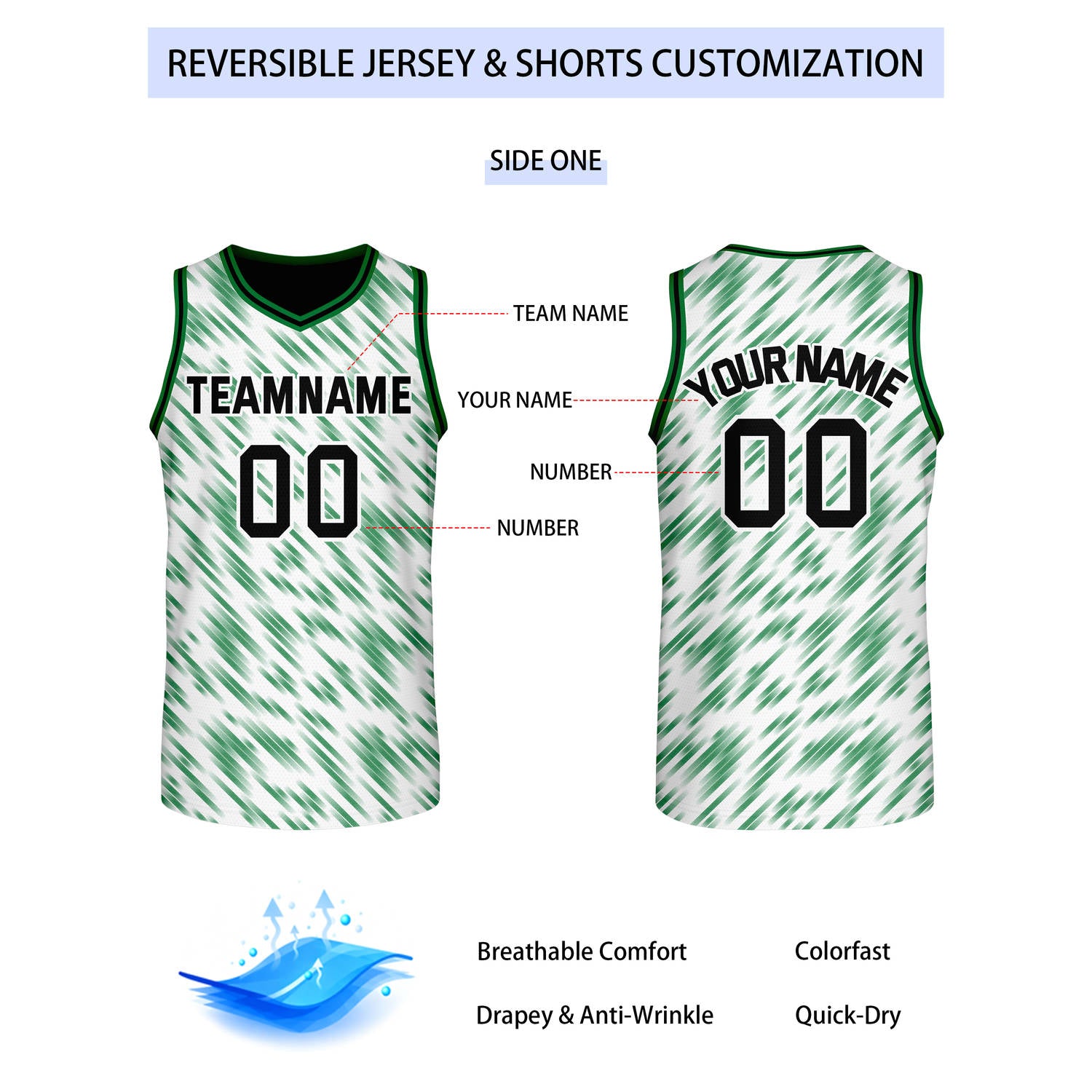 Custom Reversible White Green Stripe Basketball Jersey | Team & Player Name - Vosoli