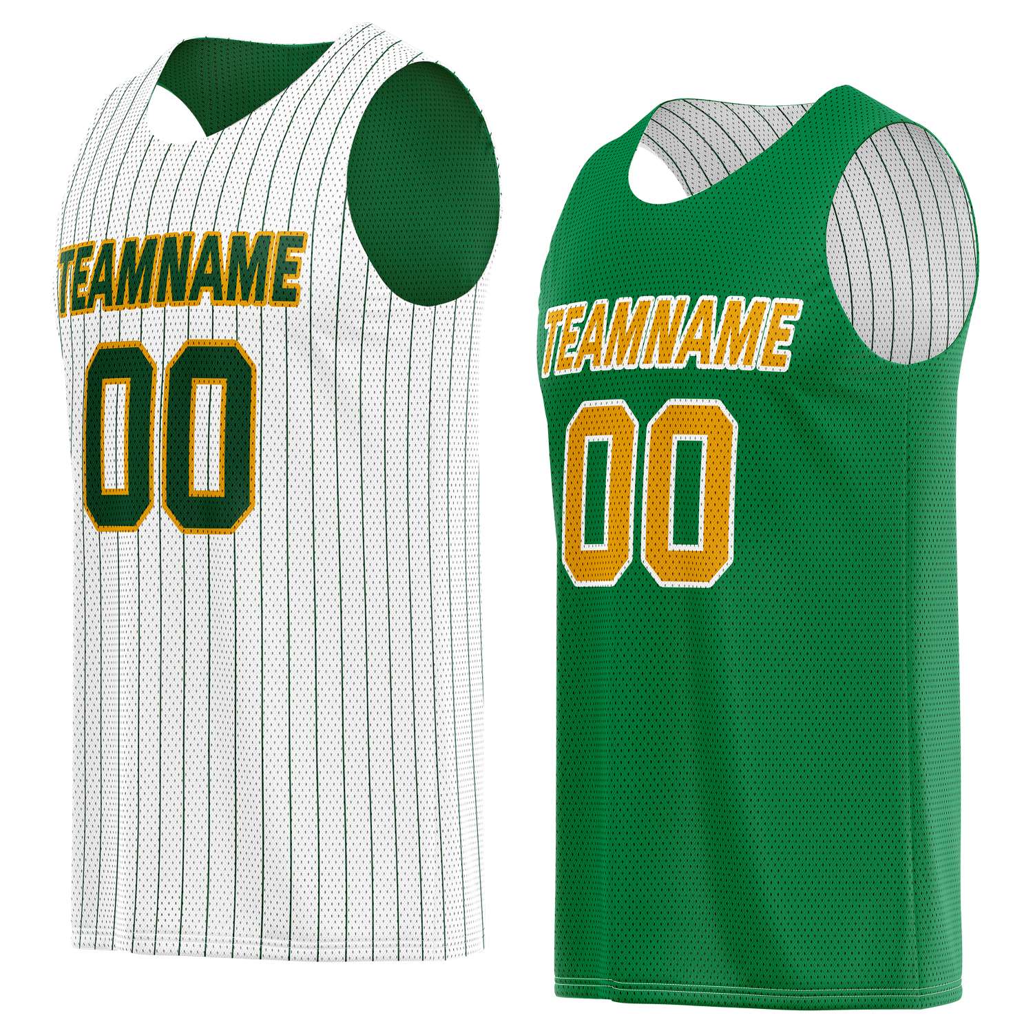 Custom Reversible White Green Pinstripe Basketball Jersey, Personalized Team Name Number Breathable Mesh Uniform for Men Women Youth