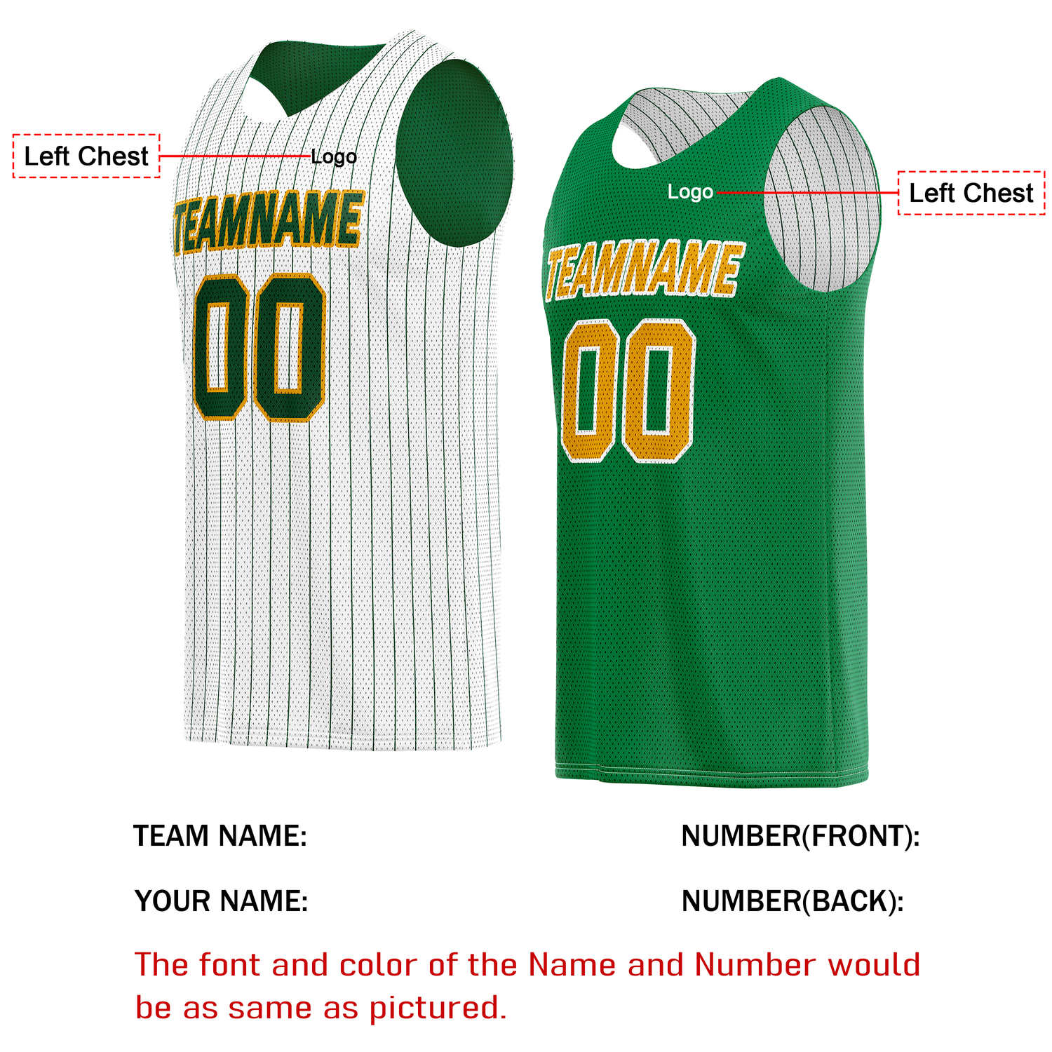 Custom Reversible White Green Striped Basketball Jersey | Personalized Team Name, Number & LOGO | Vosoli