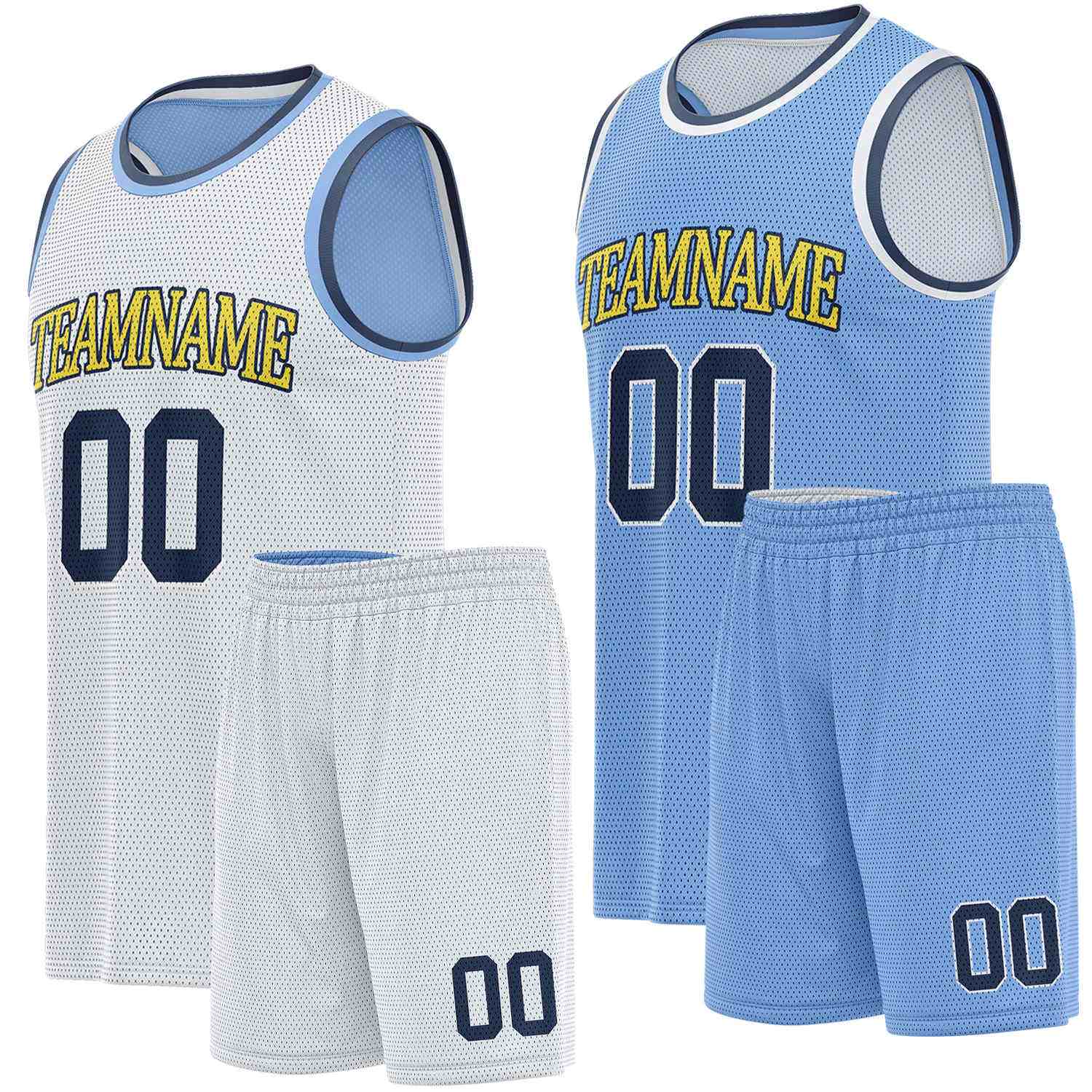 Custom reversible white & light blue basketball uniform set, personalized team name number logo breathable mesh sports jersey and shorts for men women youth game practice - Vosoli