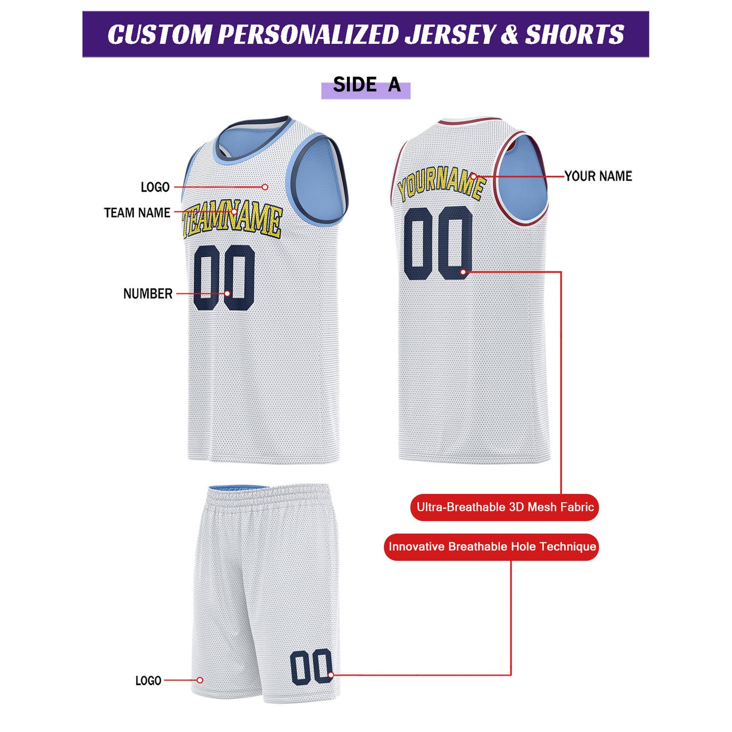 Custom Reversible White & Light Blue Basketball Uniform Set | Personalized for Team Sports Practice - Vosoli