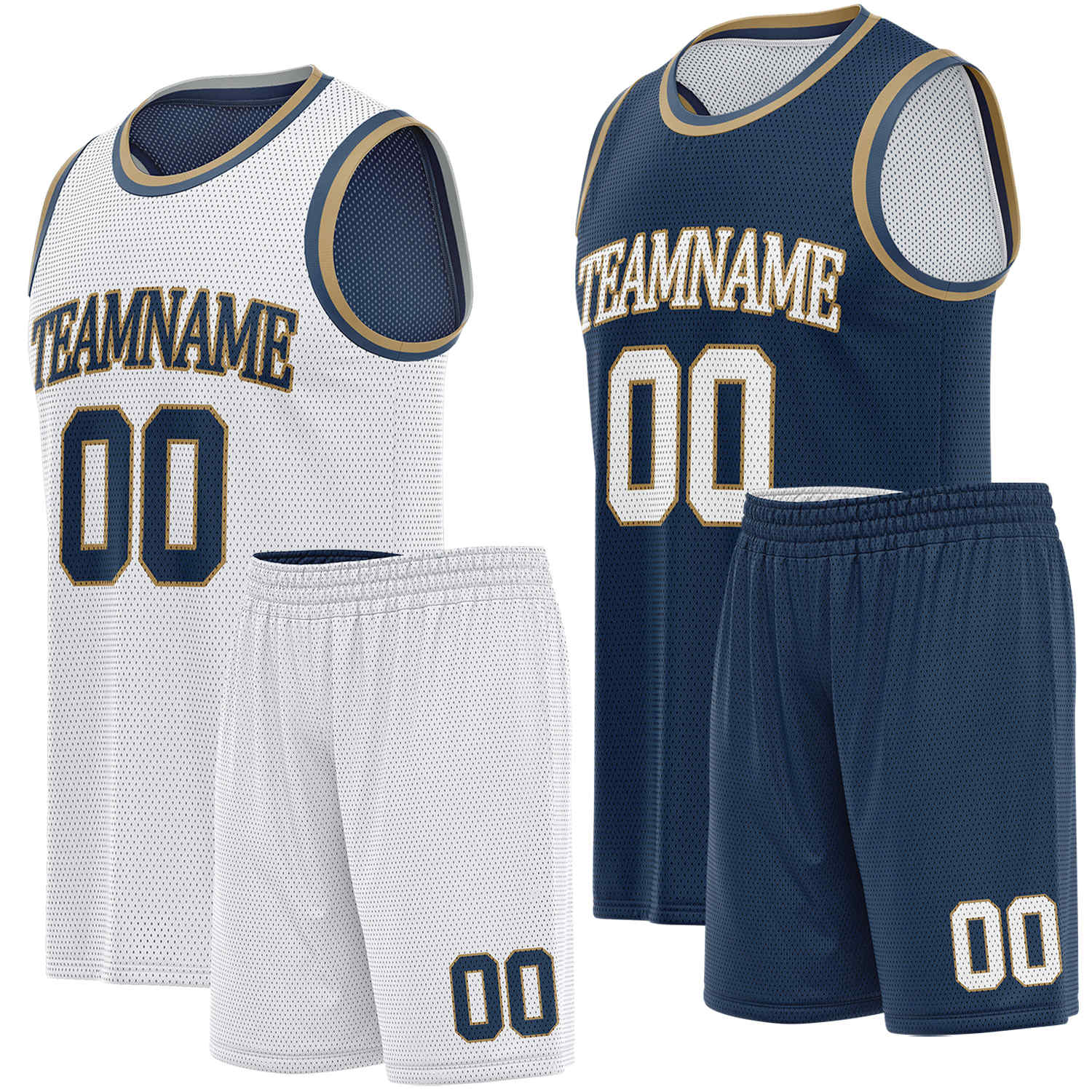 Custom reversible white & navy basketball uniform set, personalized team name number logo breathable mesh sports jersey and shorts for men women youth game practice - Vosoli