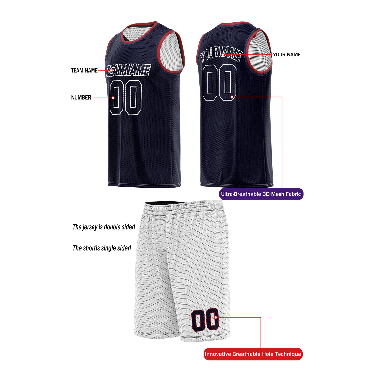 Custom Reversible White & Navy Basketball Uniform (Jersey + Shorts) | Personalized Team Set | Vosoli