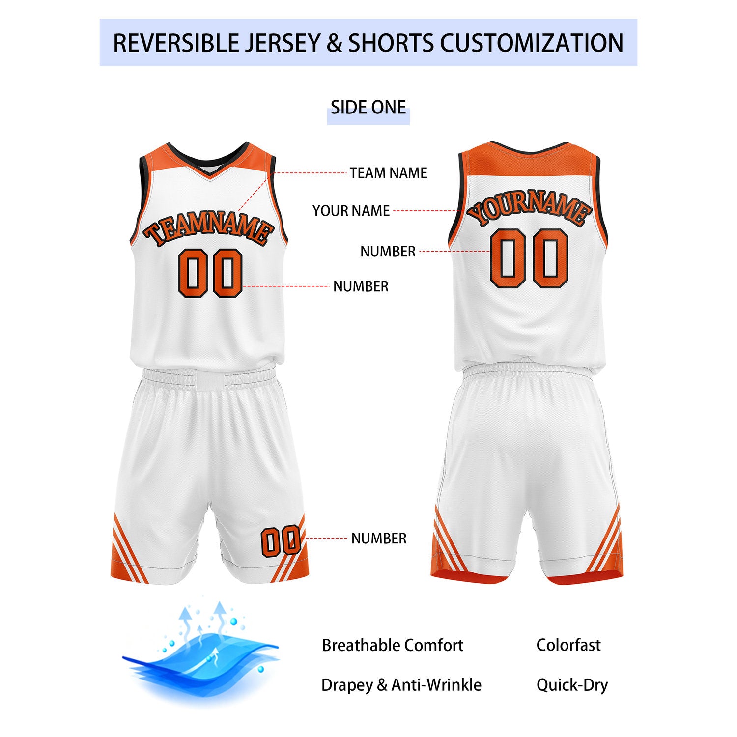 Custom Reversible White Orange Basketball Uniform Set | Team Name & Number - Vosoli