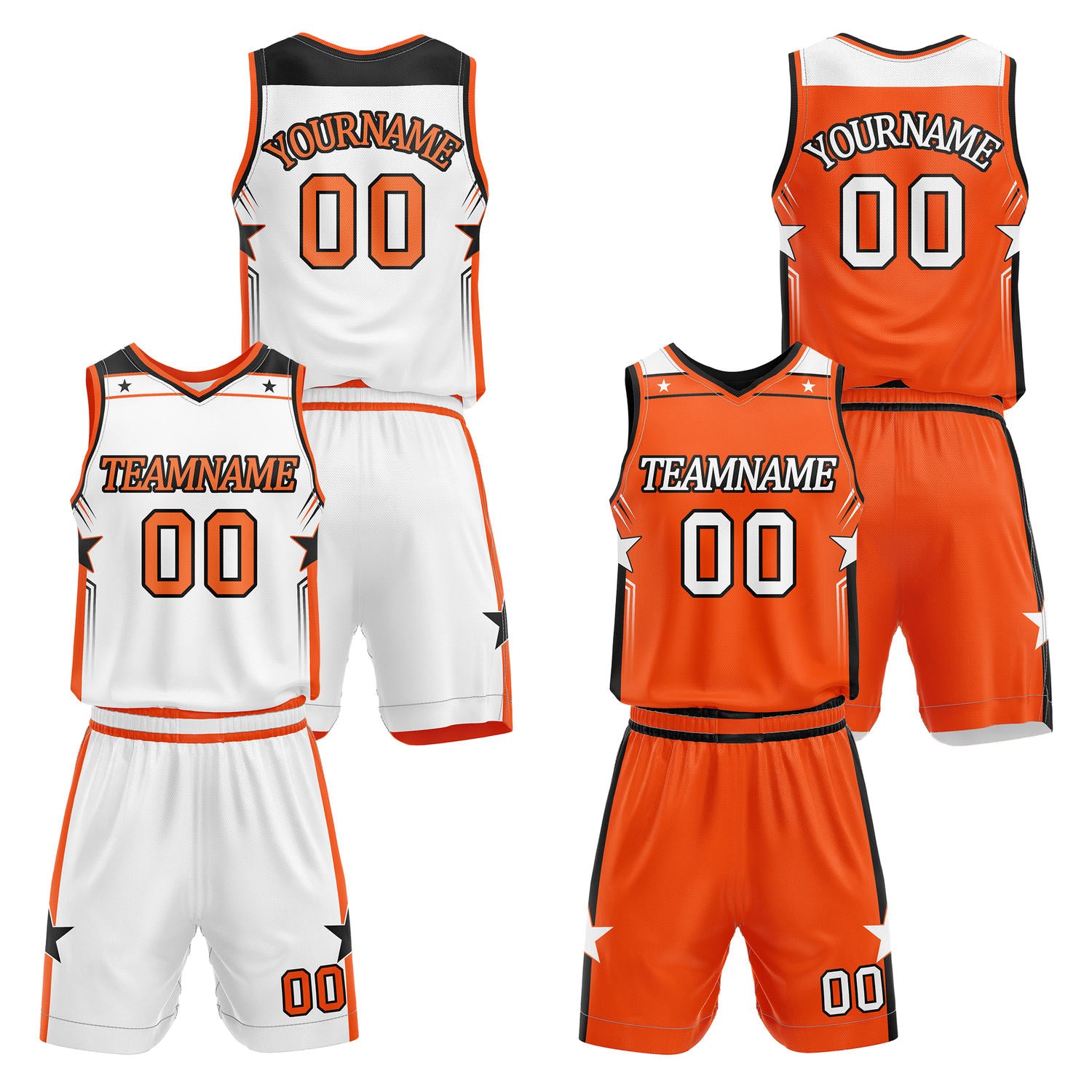 Custom reversible white & orange basketball uniform set, personalized with team name number and logo, breathable mesh fabric for men women youth game practice - Vosoli