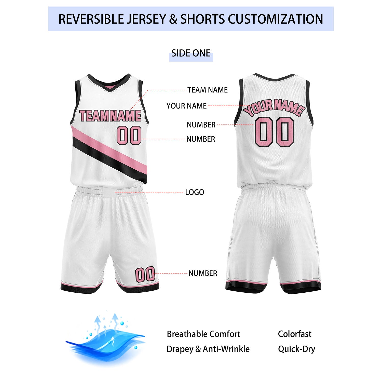 Custom Reversible White Pink Basketball Uniform Set | Team & Player Name - Vosoli