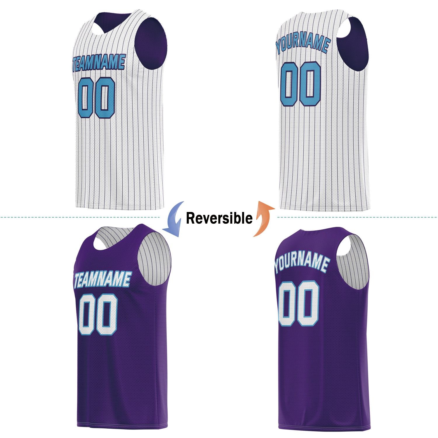 Custom Reversible White Purple Striped Basketball Jersey | Personalized Team Name, Number & LOGO | Vosoli