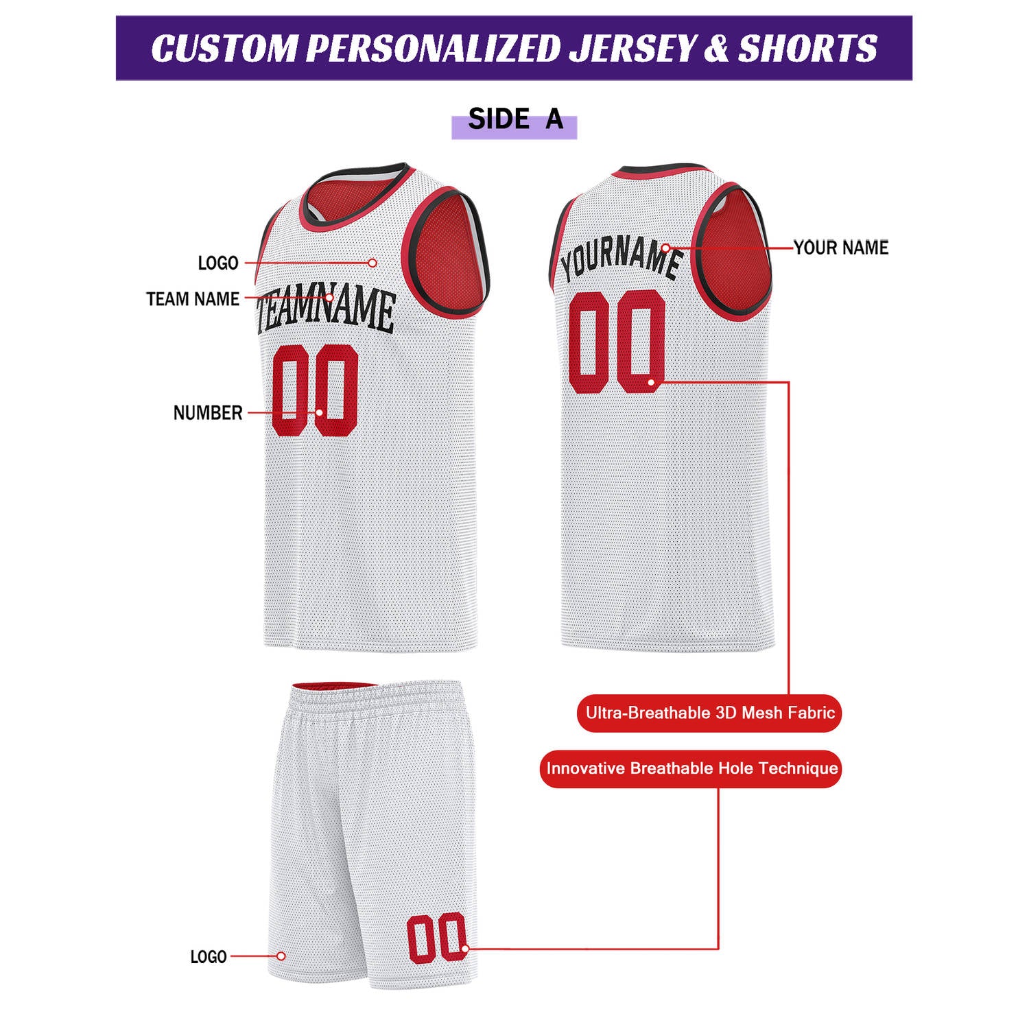 Custom Reversible White & Red Basketball Uniform Set | Personalized for Team Sports Practice - Vosoli