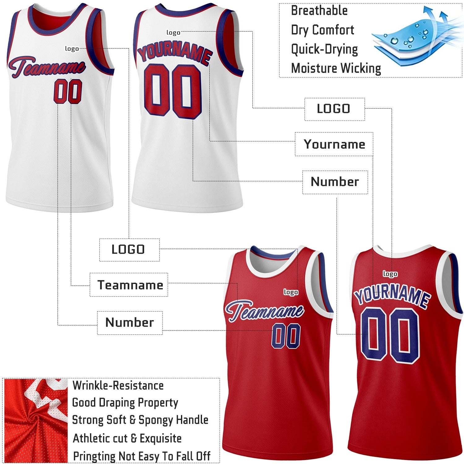 Custom Reversible White & Red Basketball Jersey | Personalized Team Jersey | Vosoli