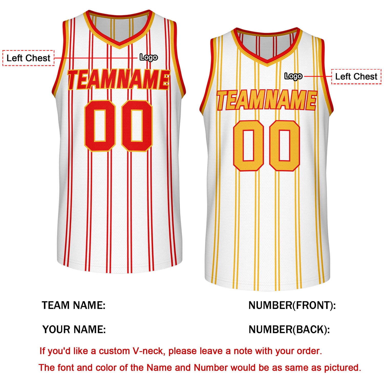 Custom Reversible White Red Yellow Striped Basketball Jersey | Team Name & Number - Vosoli