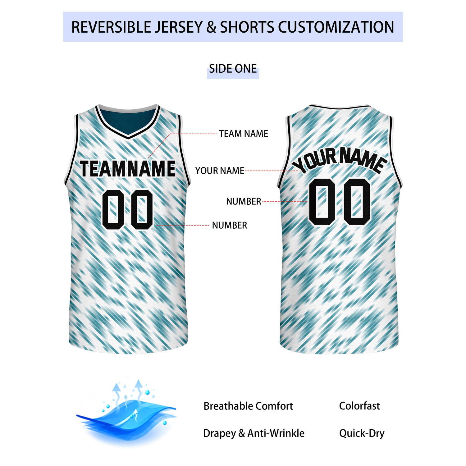Custom Reversible White Teal Stripe Basketball Jersey | Team & Player Name - Vosoli