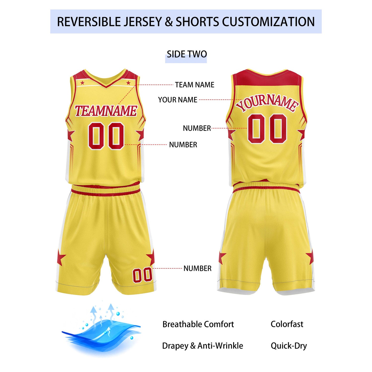 Custom Reversible White Yellow Red Star Basketball Uniform Set | Team Name & Number - Vosoli