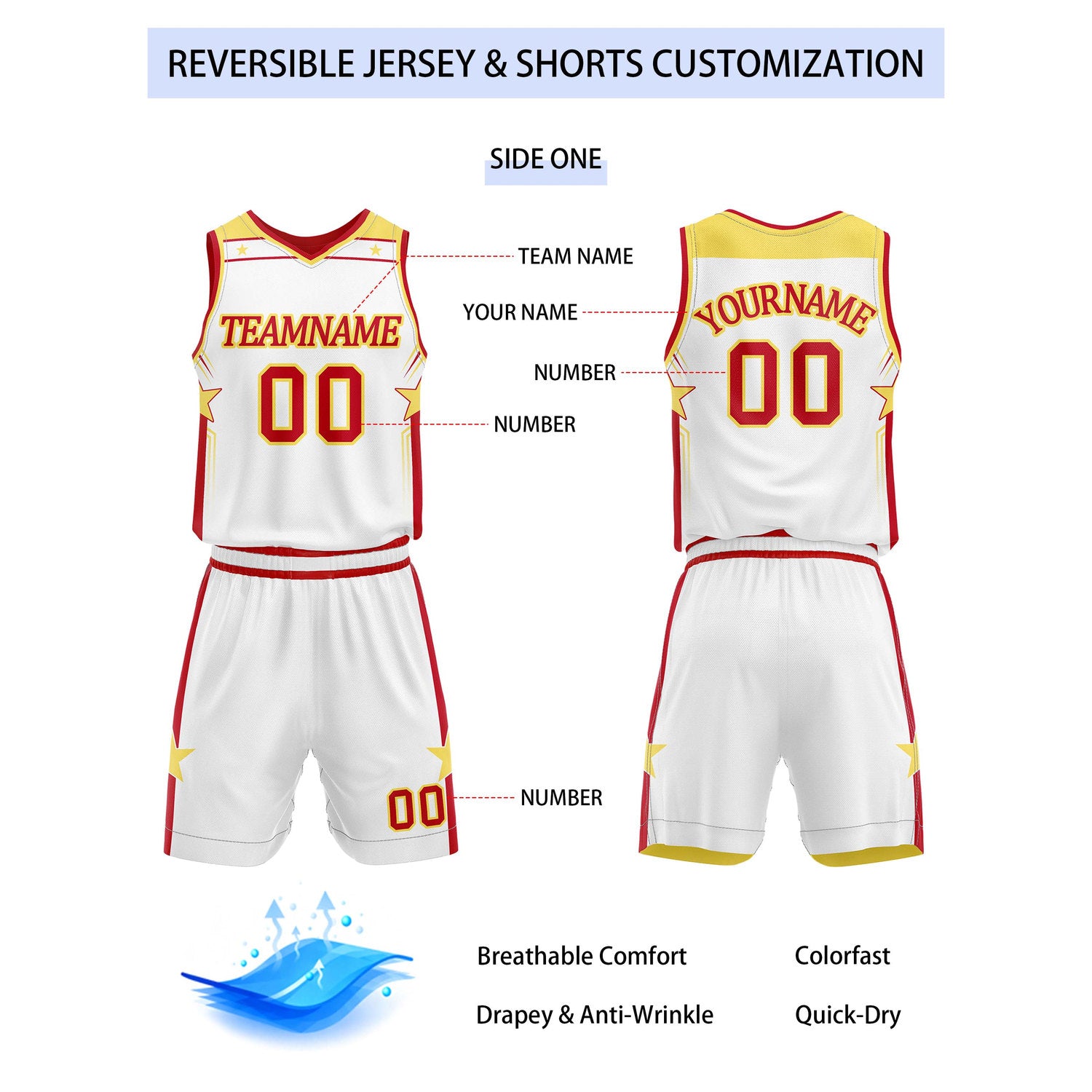 Custom Reversible White Yellow Red Star Basketball Uniform Set | Team Name & Number - Vosoli