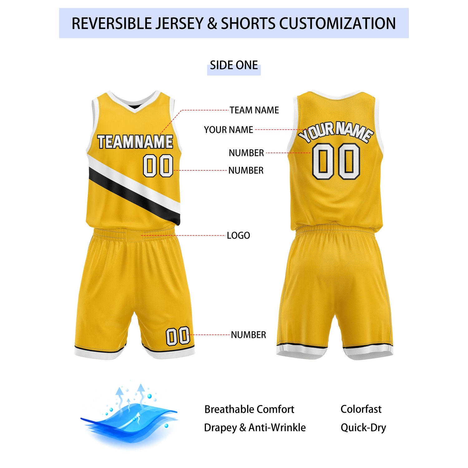 Custom Reversible Yellow Black Basketball Uniform Set | Team & Player Name - Vosoli