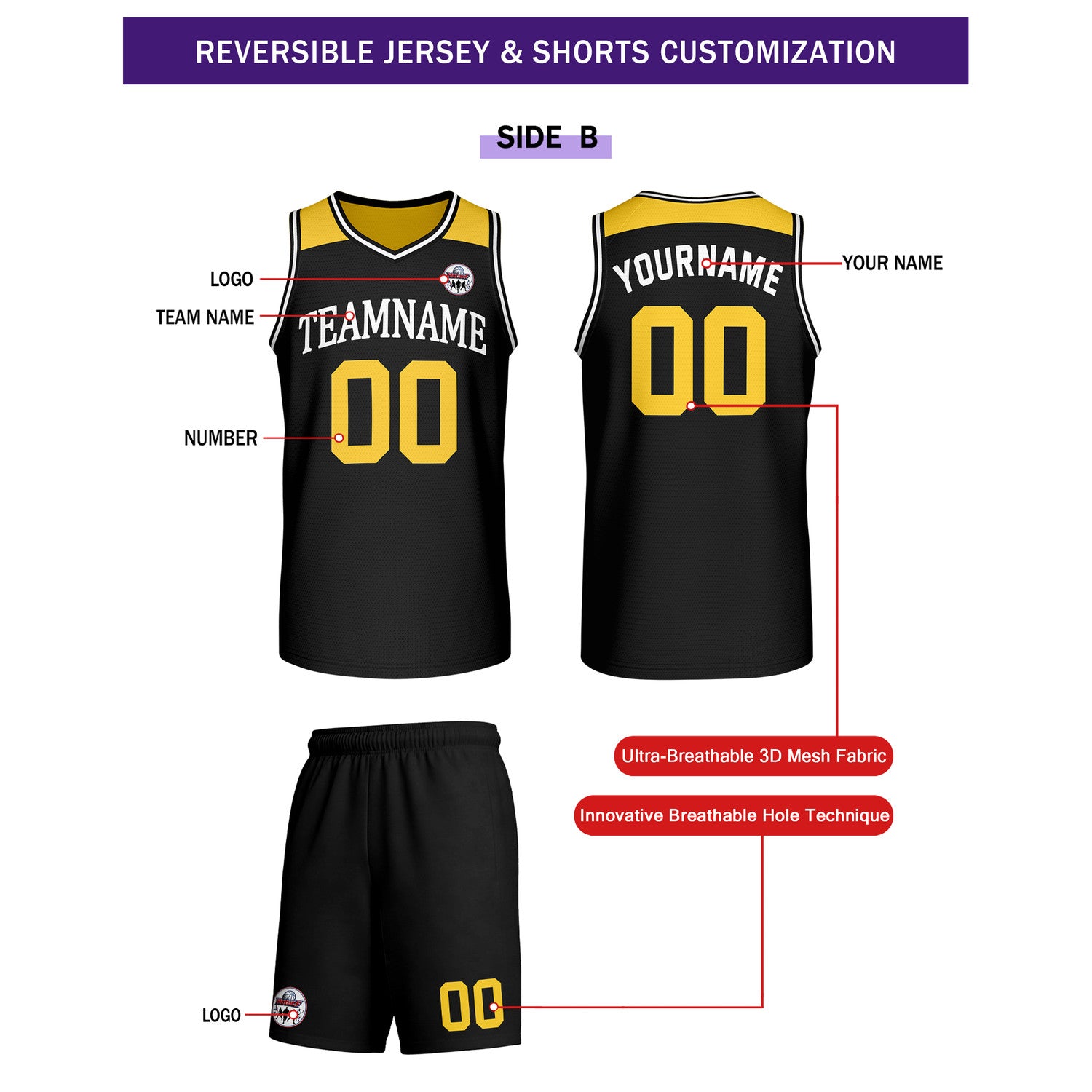 Custom Reversible Yellow Black Basketball Uniform Set | Team Name & Number - Vosoli