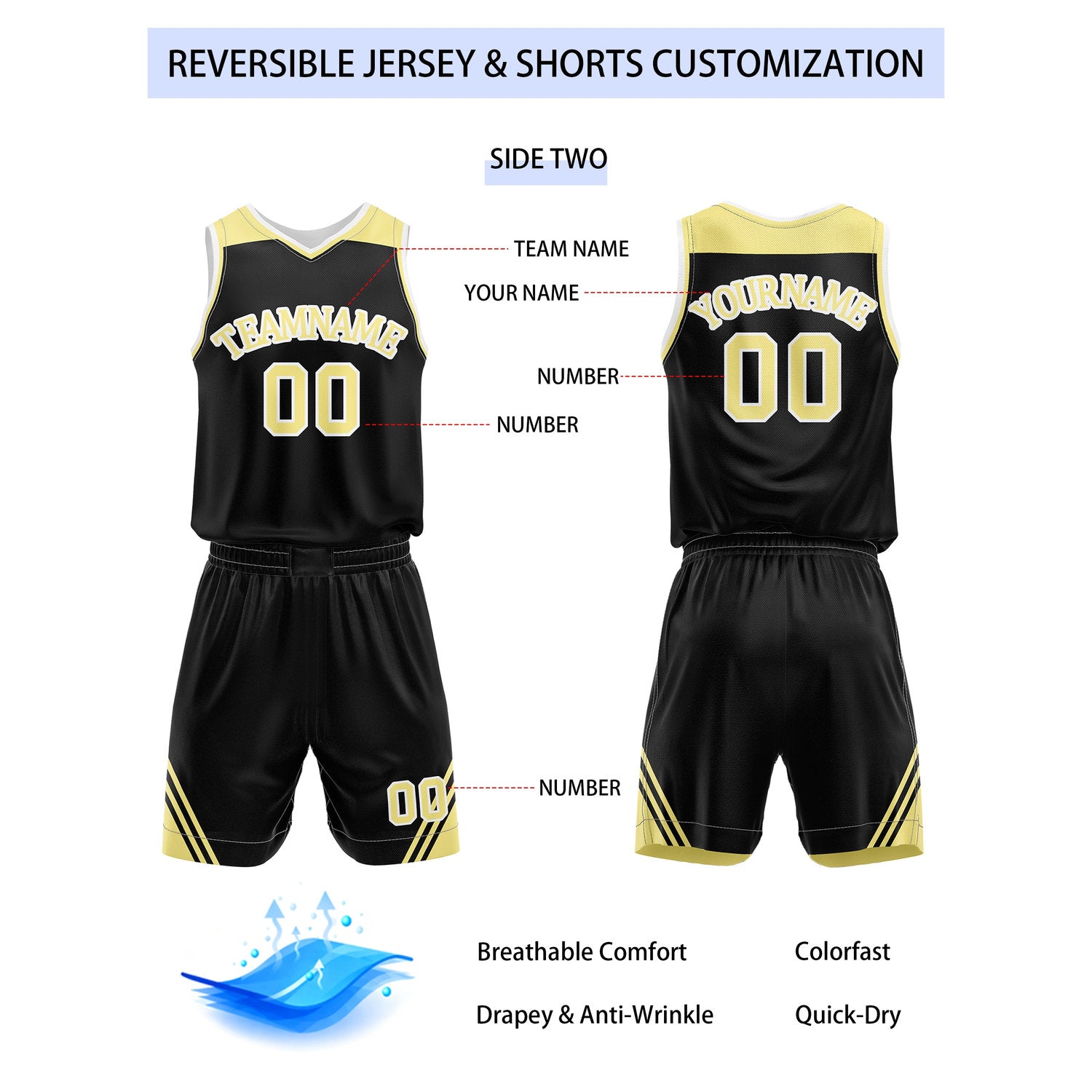 Custom Reversible Yellow Black Basketball Uniform Set | Team Name & Number - Vosoli