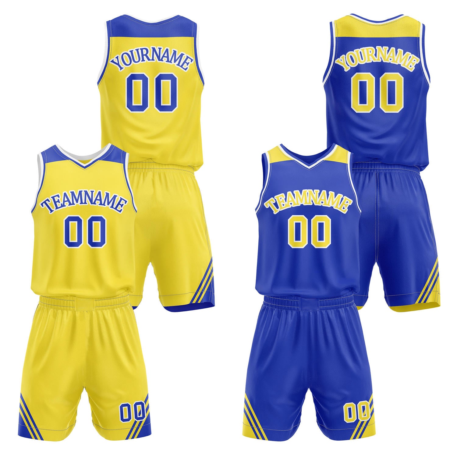 Custom reversible yellow & blue basketball uniform set, personalized with team name number and logo, breathable mesh fabric for men women youth game practice - Vosoli