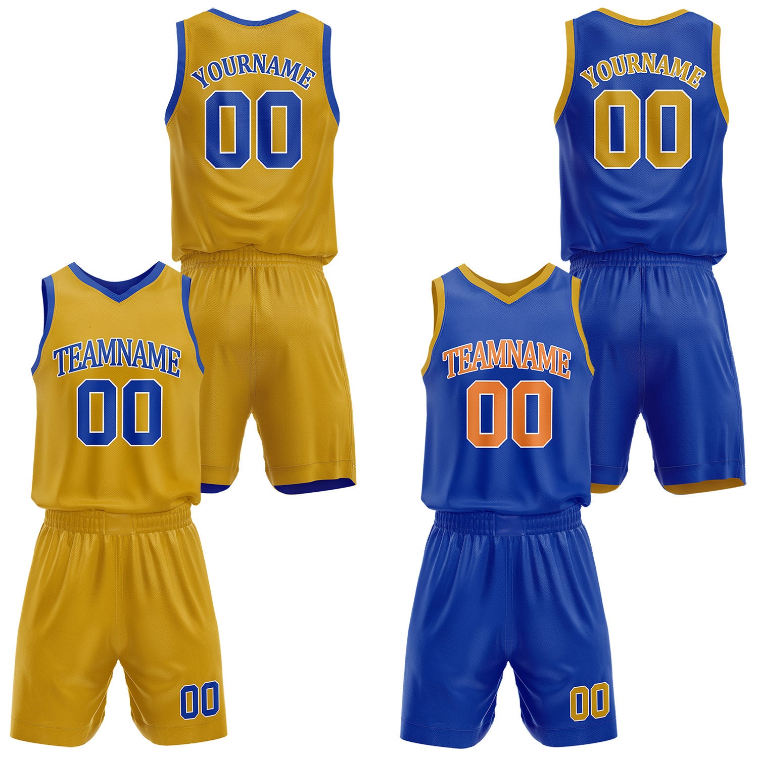 Custom reversible yellow & blue basketball uniform set, personalized with team name number and logo, sports jersey and shorts for men women youth game practice - Vosoli