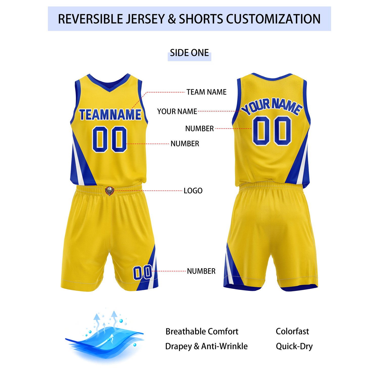 Custom Reversible Yellow Blue Basketball Uniform Set | Team & Player Name - Vosoli