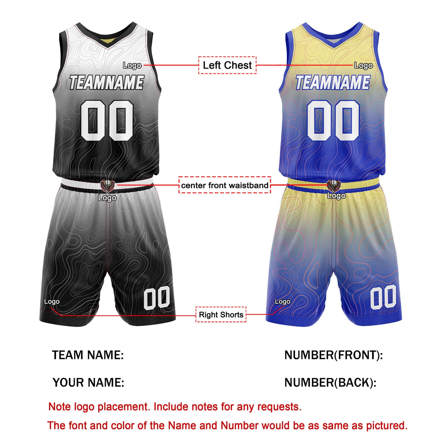 Custom Reversible Basketball Jersey + Shorts Set (Black-White & Yellow-Blue Gradient Wave) - Personalized Team Name, Number & LOGO | Vosoli