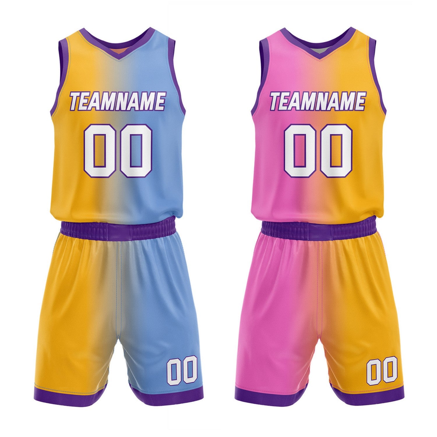 Custom Reversible Yellow Blue Pink Basketball Uniform Set | Team & Player Name - Vosoli