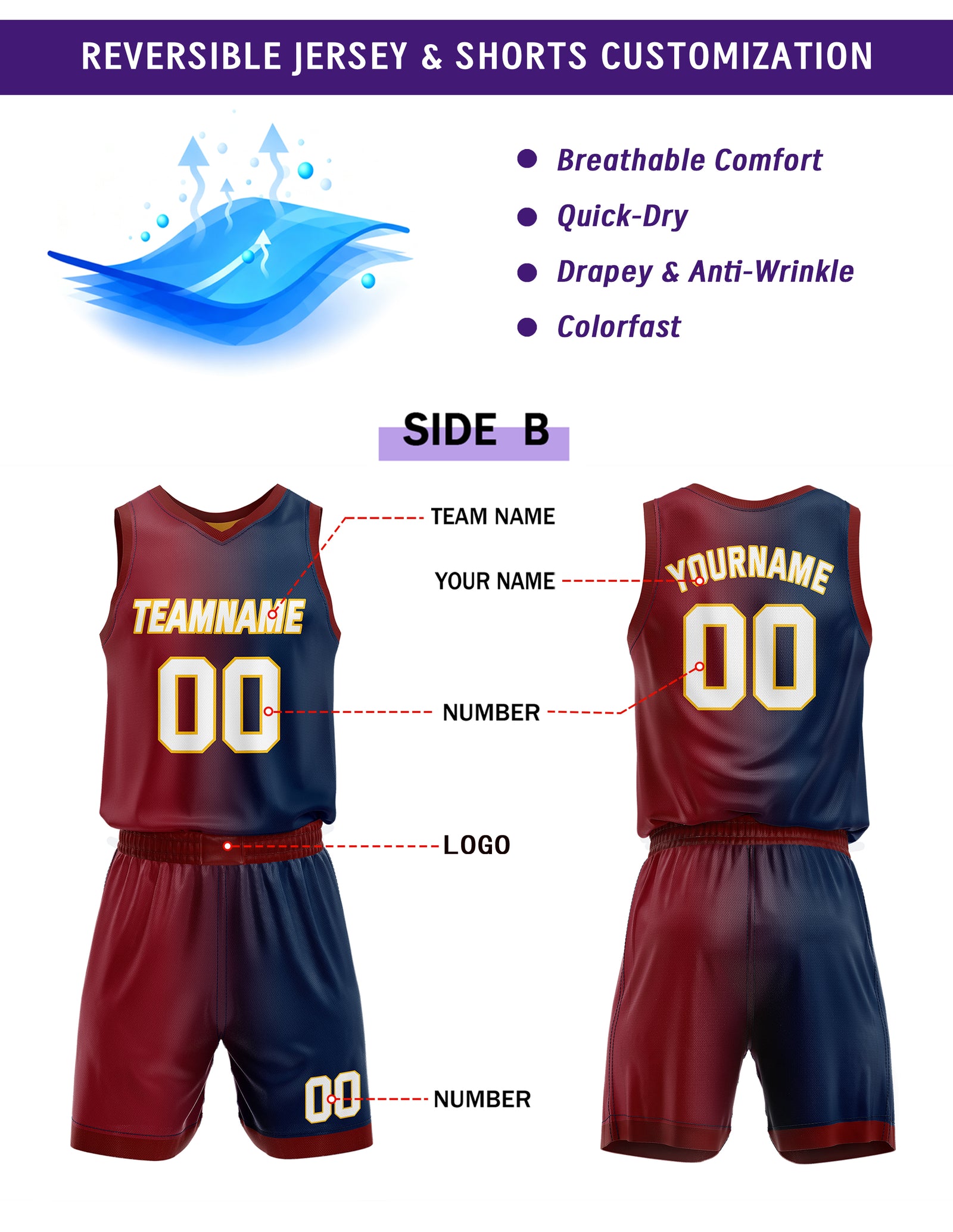 Custom Reversible Yellow Burgundy Navy Basketball Uniform Set | Team & Player Name - Vosoli