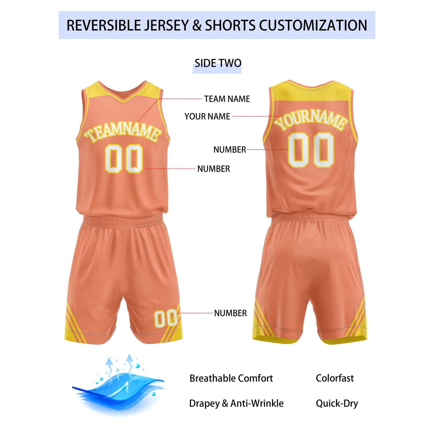 Custom Reversible Yellow Coral Basketball Uniform Set | Team Name & Number - Vosoli
