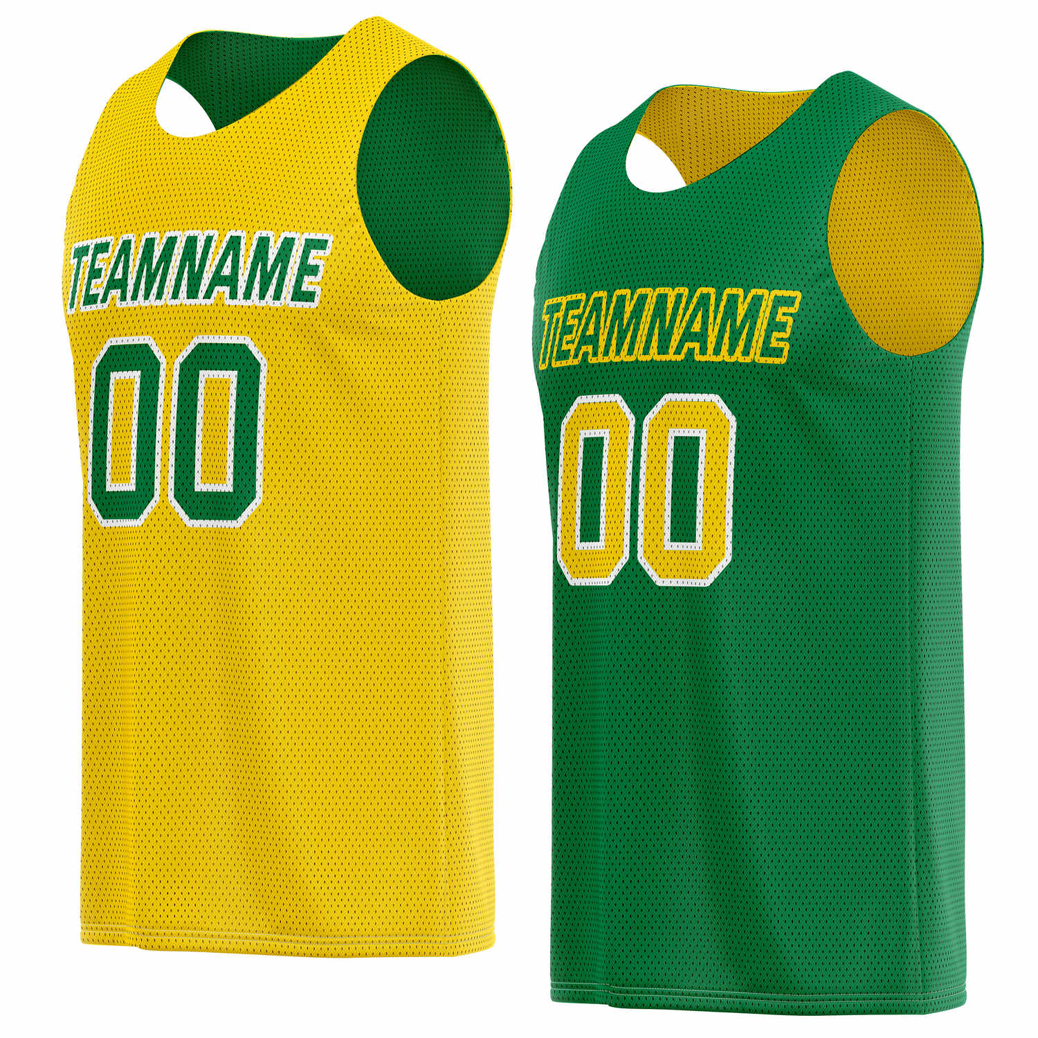 Custom reversible yellow & green basketball jersey, personalized team name number logo breathable mesh sports top for men women youth game practice wear - Vosoli