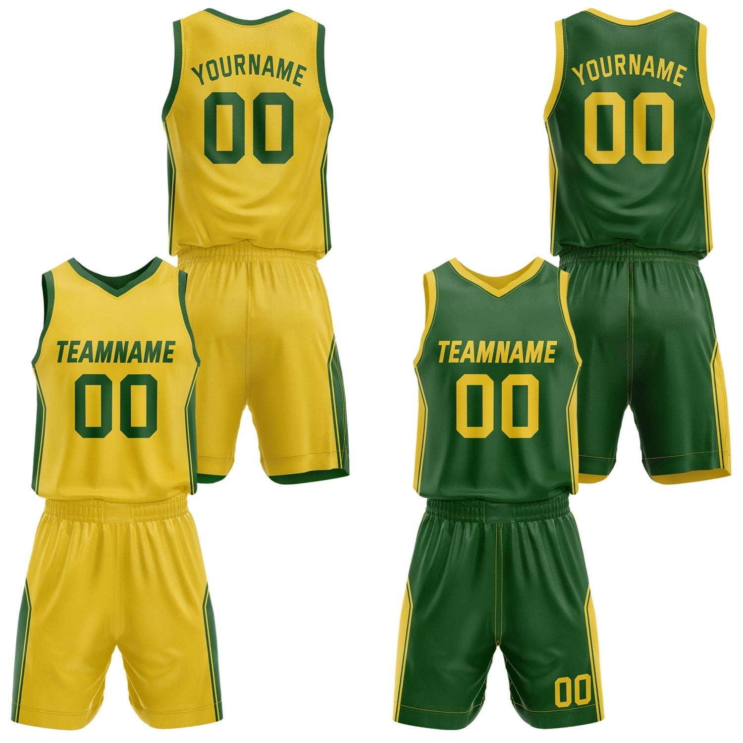 Custom Reversible Yellow Green Basketball Jersey and Shorts Set, Personalized Team Name Number Breathable Mesh Uniform for Men Women Youth