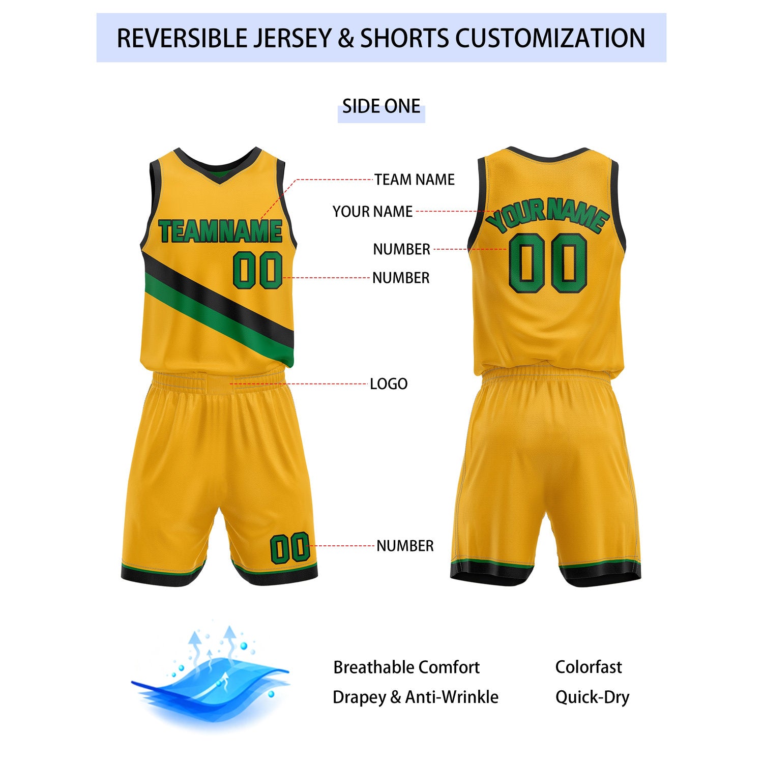 Custom Reversible Yellow Green Basketball Uniform Set | Team & Player Name - Vosoli