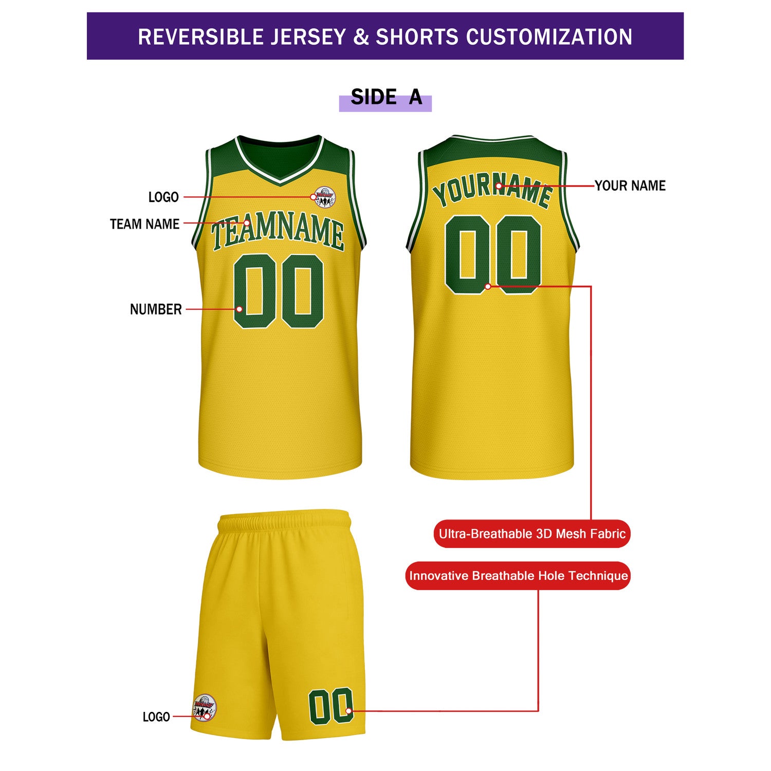 Custom Reversible Yellow Green Basketball Uniform Set | Team Name & Number - Vosoli