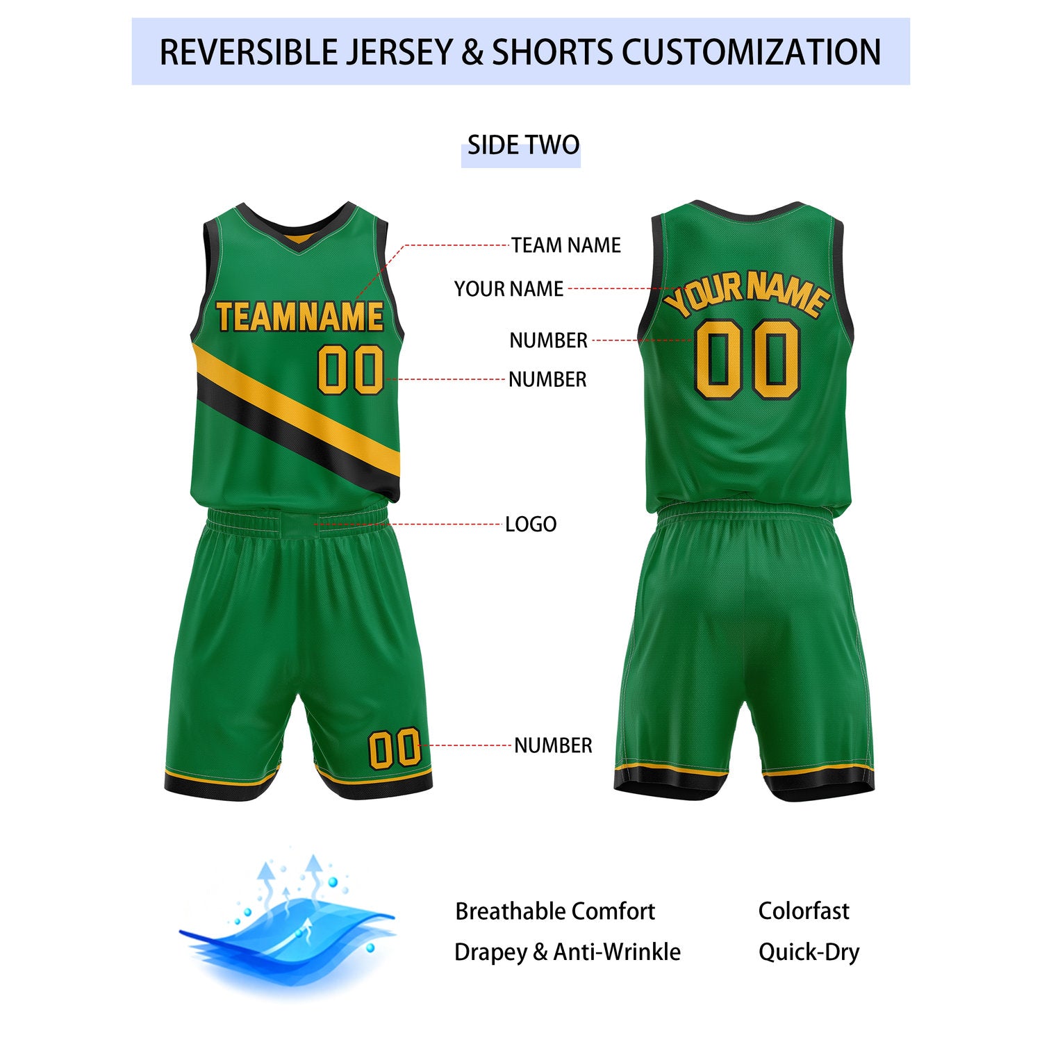 Custom Reversible Yellow Green Basketball Uniform Set | Team & Player Name - Vosoli
