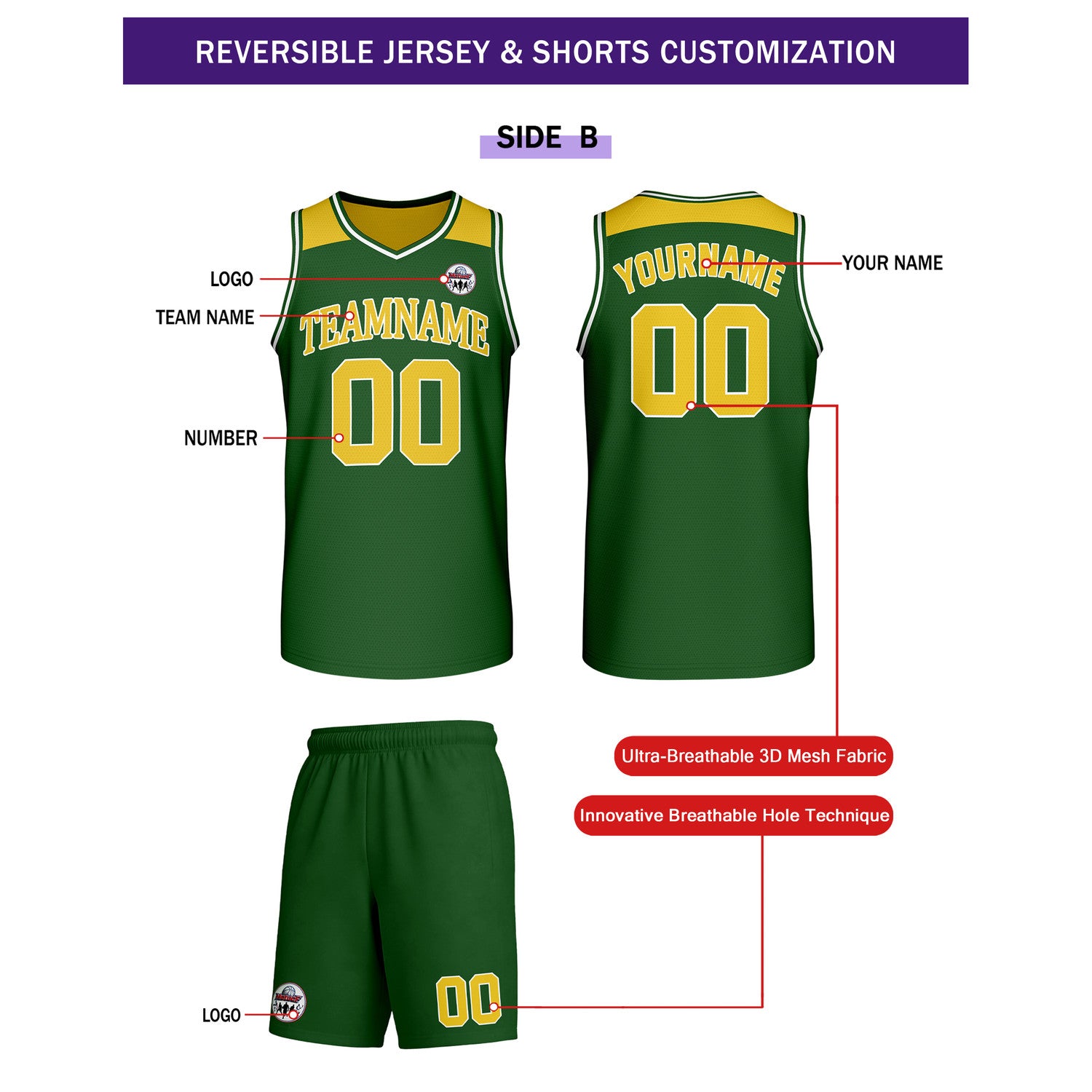 Custom Reversible Yellow Green Basketball Uniform Set | Team Name & Number - Vosoli