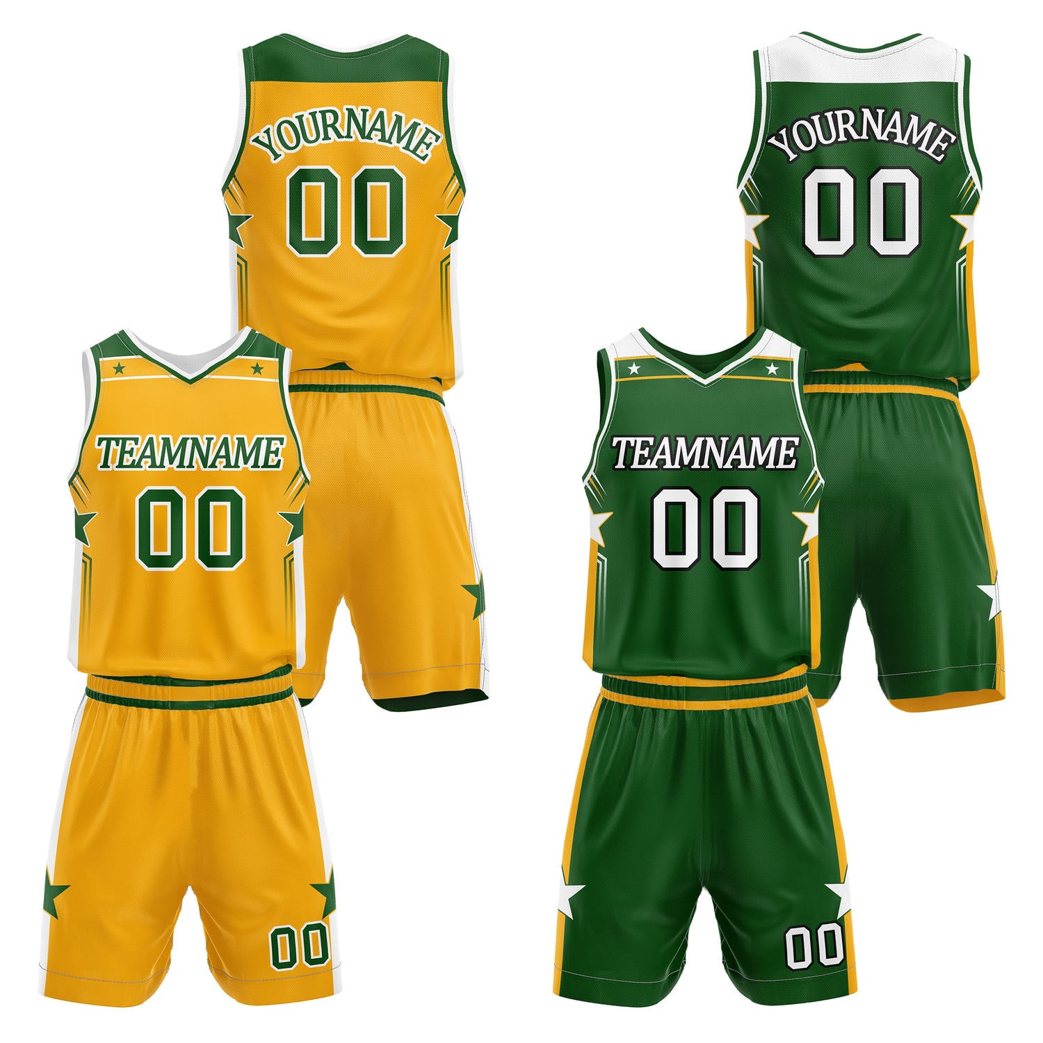 >Custom reversible yellow & green basketball uniform set, personalized with team name number and logo, breathable mesh fabric for men women youth game practice - Vosoli